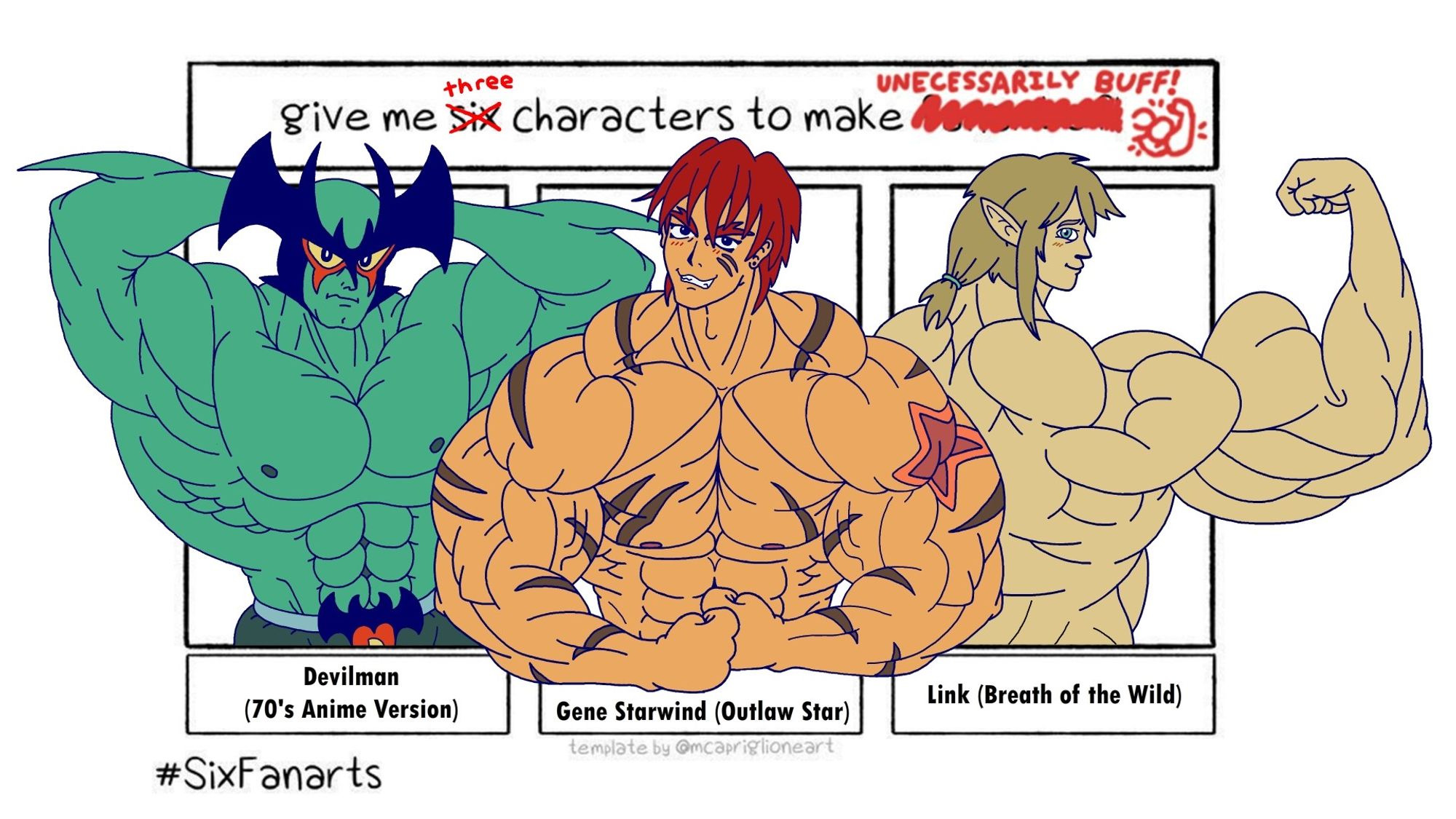 A trio of characters drawn with excessively muscular physiques and flexing: the 1970's version of Devilman, Gene Starwind from Outlaw Star, and the Breath of the Wild version of Link. The title text reads: "Give me three characters to make unnecessarily buff!"