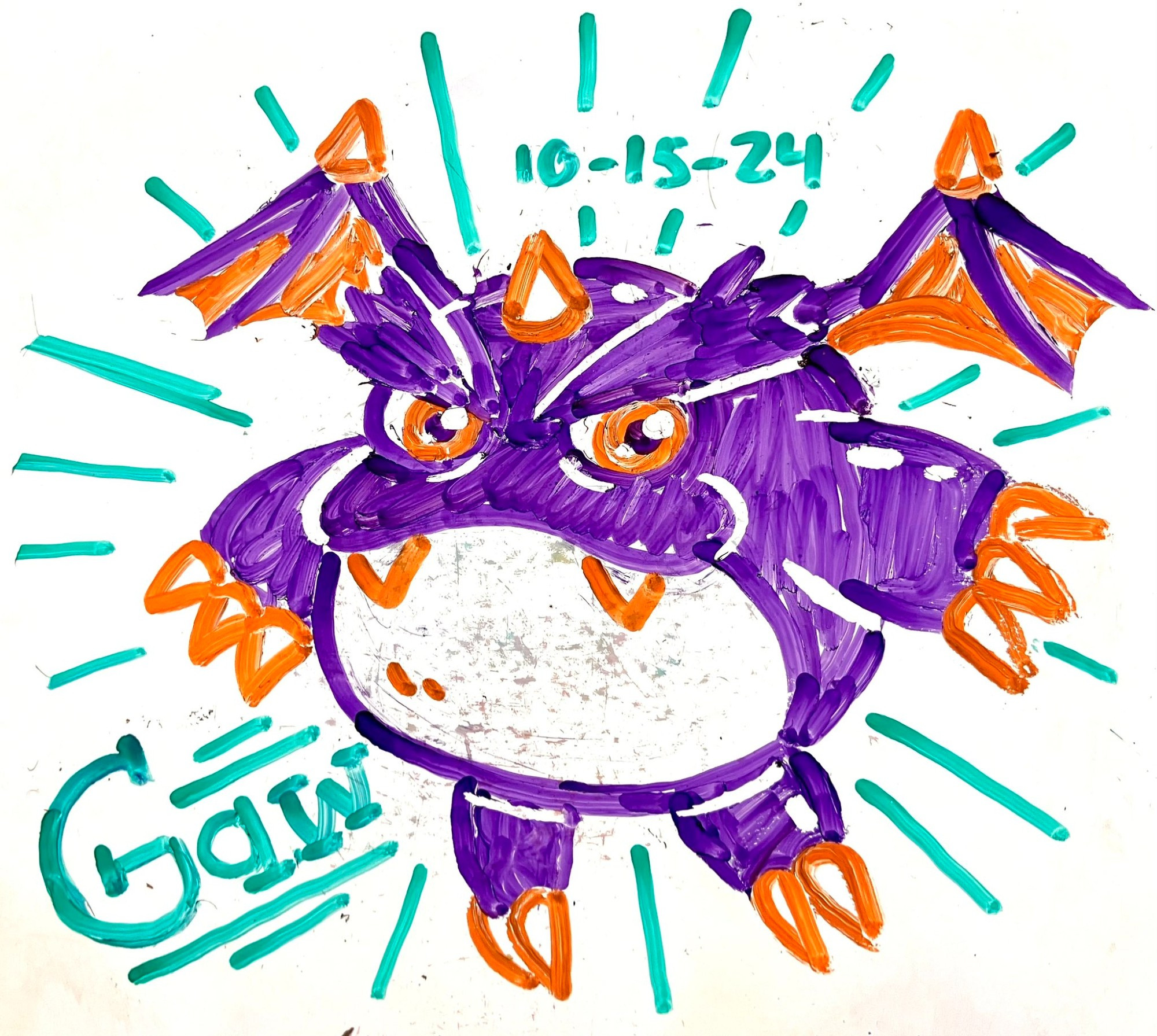 Whiteboard drawing of Gaw, a small orb-shaped purple dragon creature from the game Popful Mail