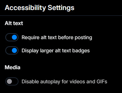 Screenshot of Bluesky's "Accessibility Settings" page. Notably, "Require alt text before posting" is checked off.