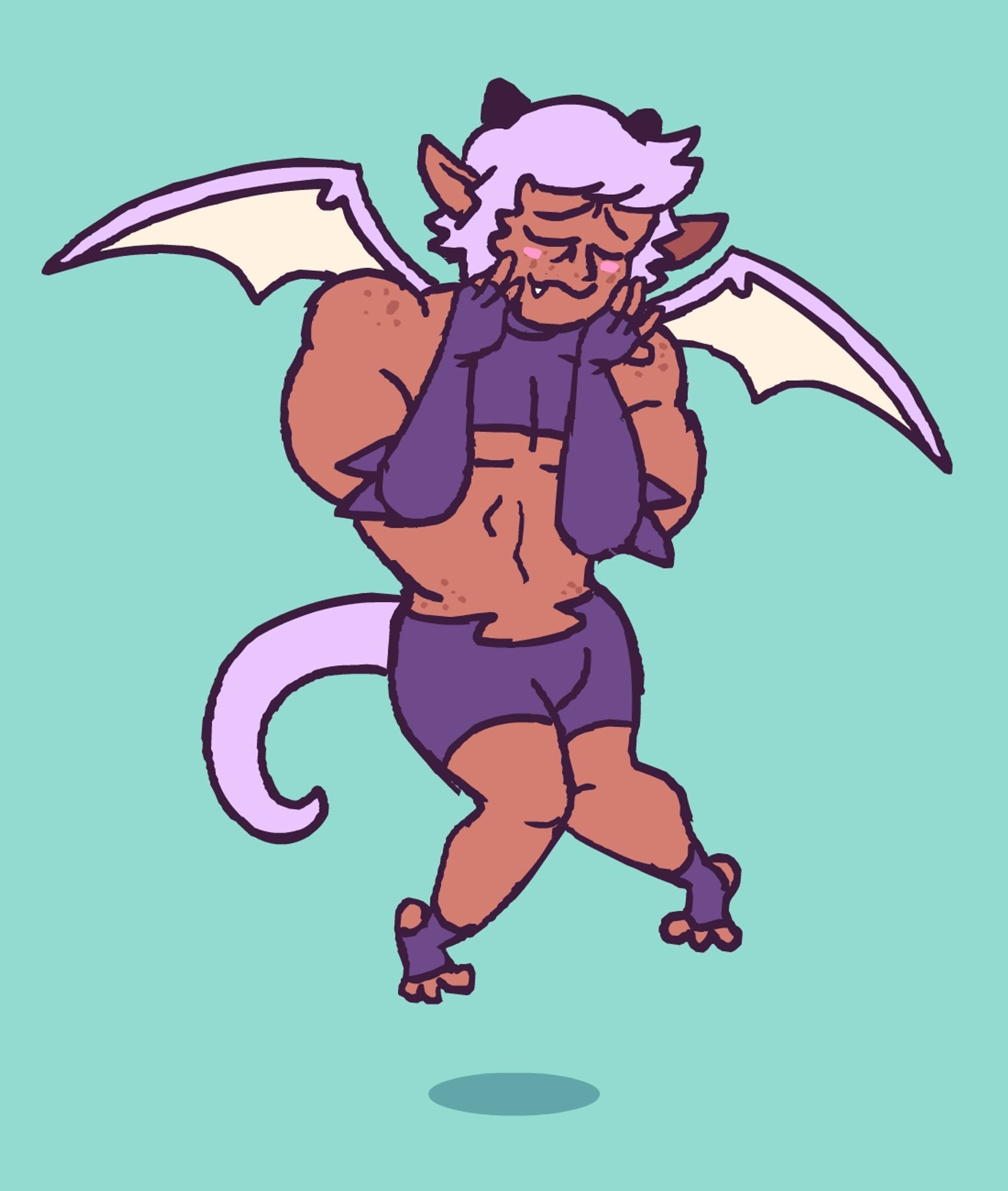 Drawing of Grind3h's lavender-haired, scantily clad muscular demon guy character putting his hands to his cheeks and blushing while hovering a few feet off the ground.