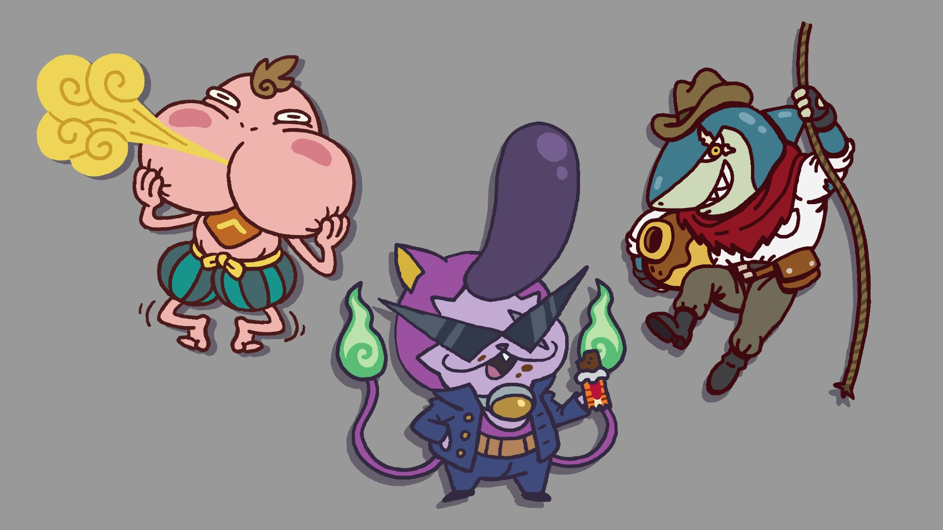 Drawings of Cheeksqueek, Baddinyan, and Indiana Jaws from Yo-kai Watch.