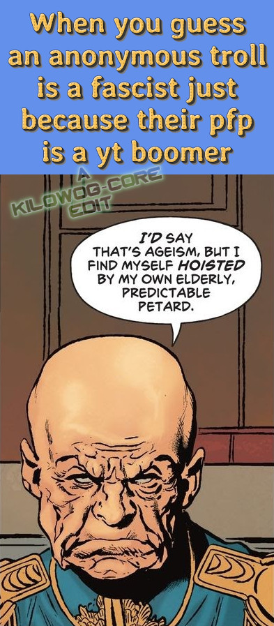 A comic panel is captioned "When you guess an anonymous troll is a fascist just because their pfp is a yt boomer." The panel shows General Immortus, a wizened, bald old man in a military uniform, sitting in a diner. He says, "I'd say that's ageism, but I find myself hoisted by my own elderly, predictable petard." A caption reads, "A Kilowog-core Edit."