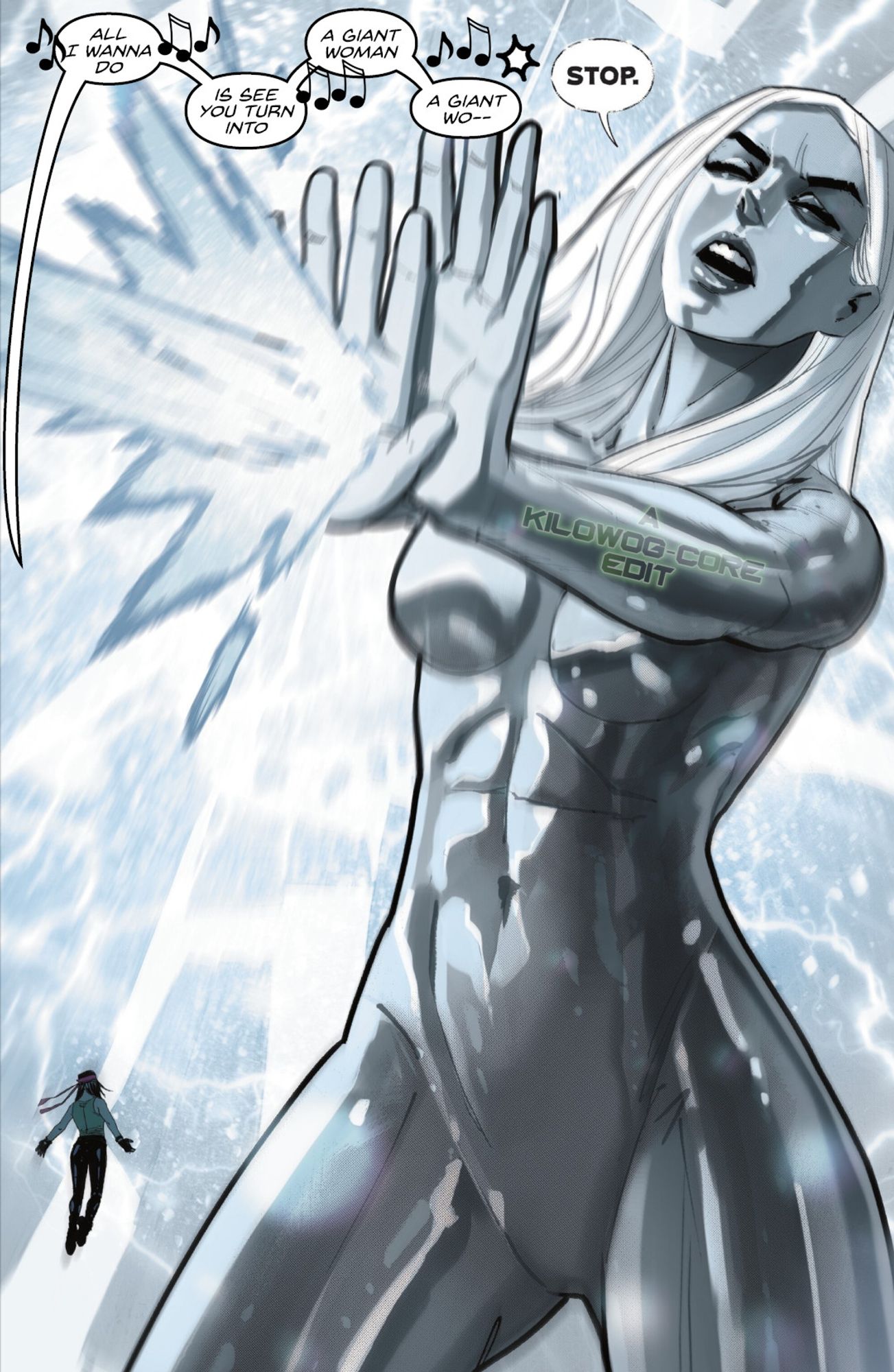 In a comic panel Jakita Wagner floats in a white void before a giant version of the Authority's Carrier in humanoid form as a shiny metallic woman who towers over Jakita, firing energy from her hands. Jakita sings, "All I wanna do is see you turn into a giant woman, a giant wo--" Carrier interupts her with a firm, "Stop." A caption reads "A Kilowog-core Edit".