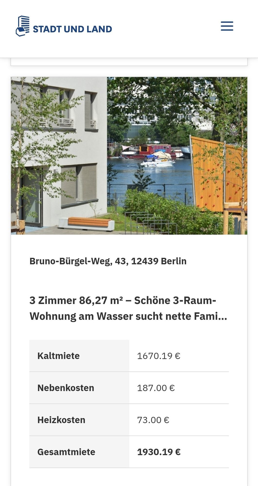 STADT UND LAND
Bruno-Bürgel-Weg, 43, 12439 Berlin
3 Zimmer 86,27 m2-Schöne 3-Raum-
Wohnung am Wasser sucht nette Fami...
Kaltmiete
1670.19E
Nebenkosten
187.00 E
Heizkosten
Gesamtmiete
73.00E
1930.19 E
