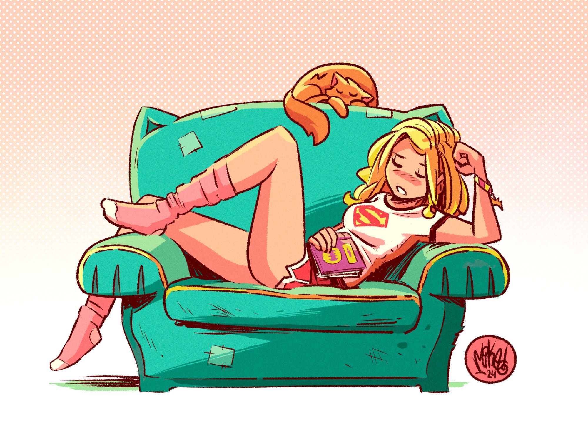 Kara (Supergirl) and her cat, Streaky, sleeping on a sofa chair. And I say, good for her! She needed a good rest. Honestly, I should follow suit.