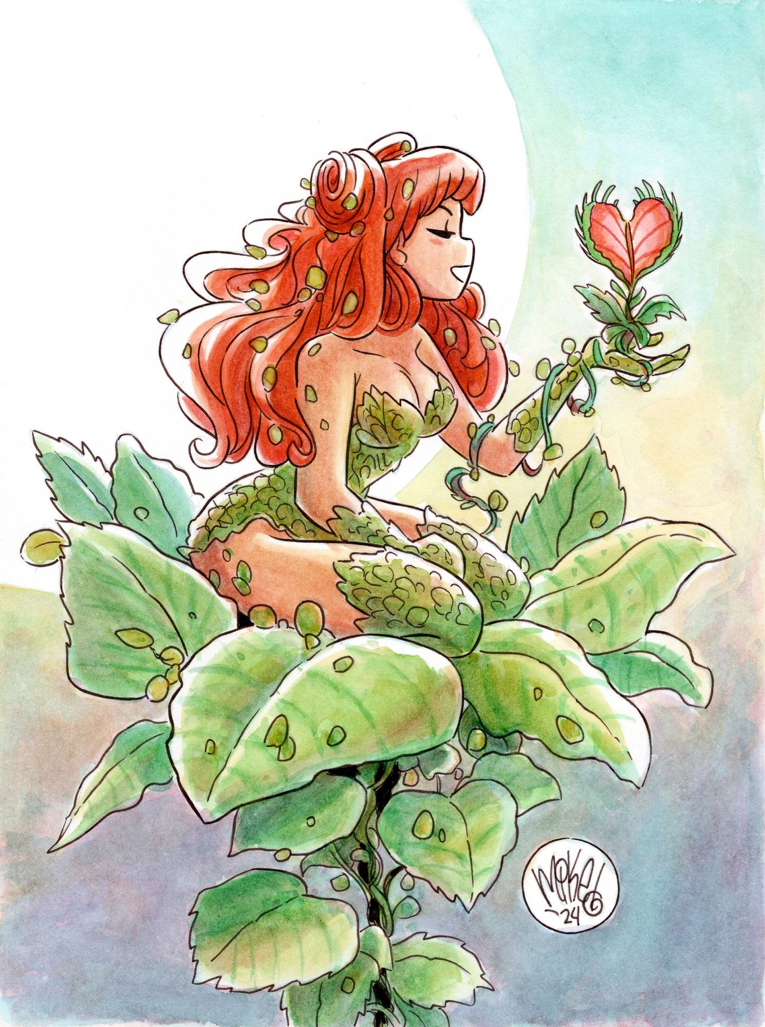 Pamela Isley, better known as Poison Ivy, sitting atop her namesake, contently eyeing a venomously loving plant blooming in her outstretched hand.