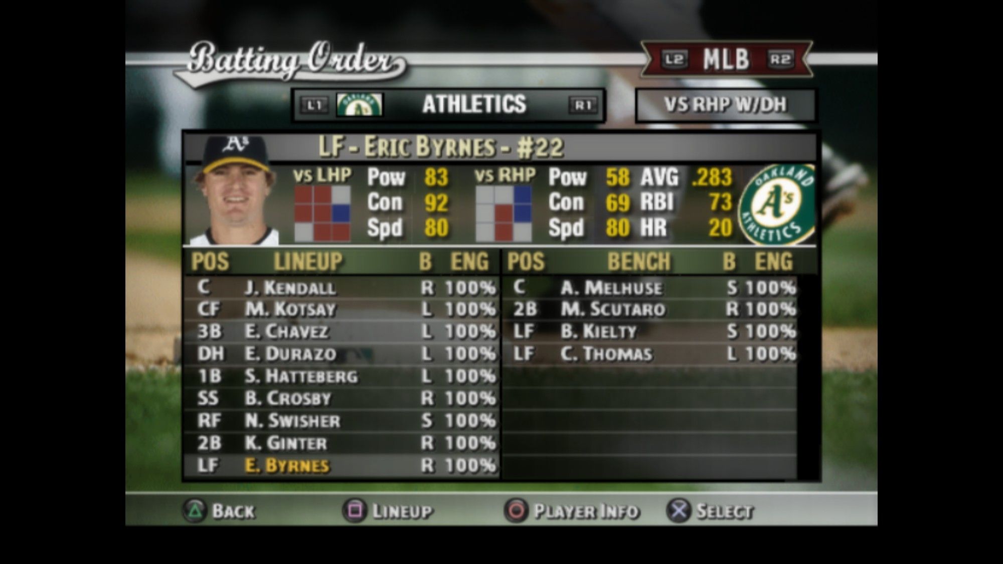 A screenshot of Eric Byrnes's stats on MVP Baseball 2005