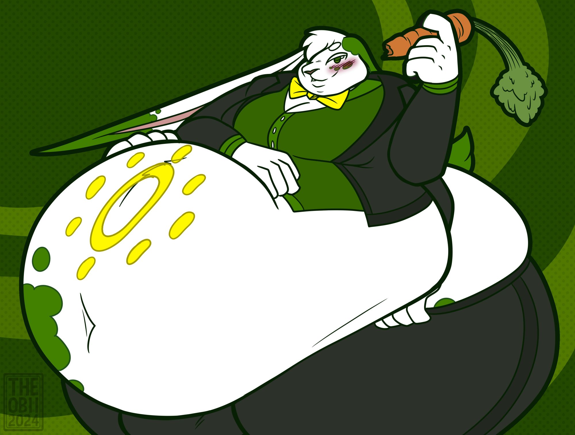 An image of Vahno, a white creature with green spots, as a huge fuckin bunny, dressed dapperly whilst also letting his huge gut on display, multiarms both holding a carrot, rubbing his belly, and resting on it too, another resting on his waistband, huge ass visible behind. There's an alt that's the same, but with minor changes to make him a Moogle instead.