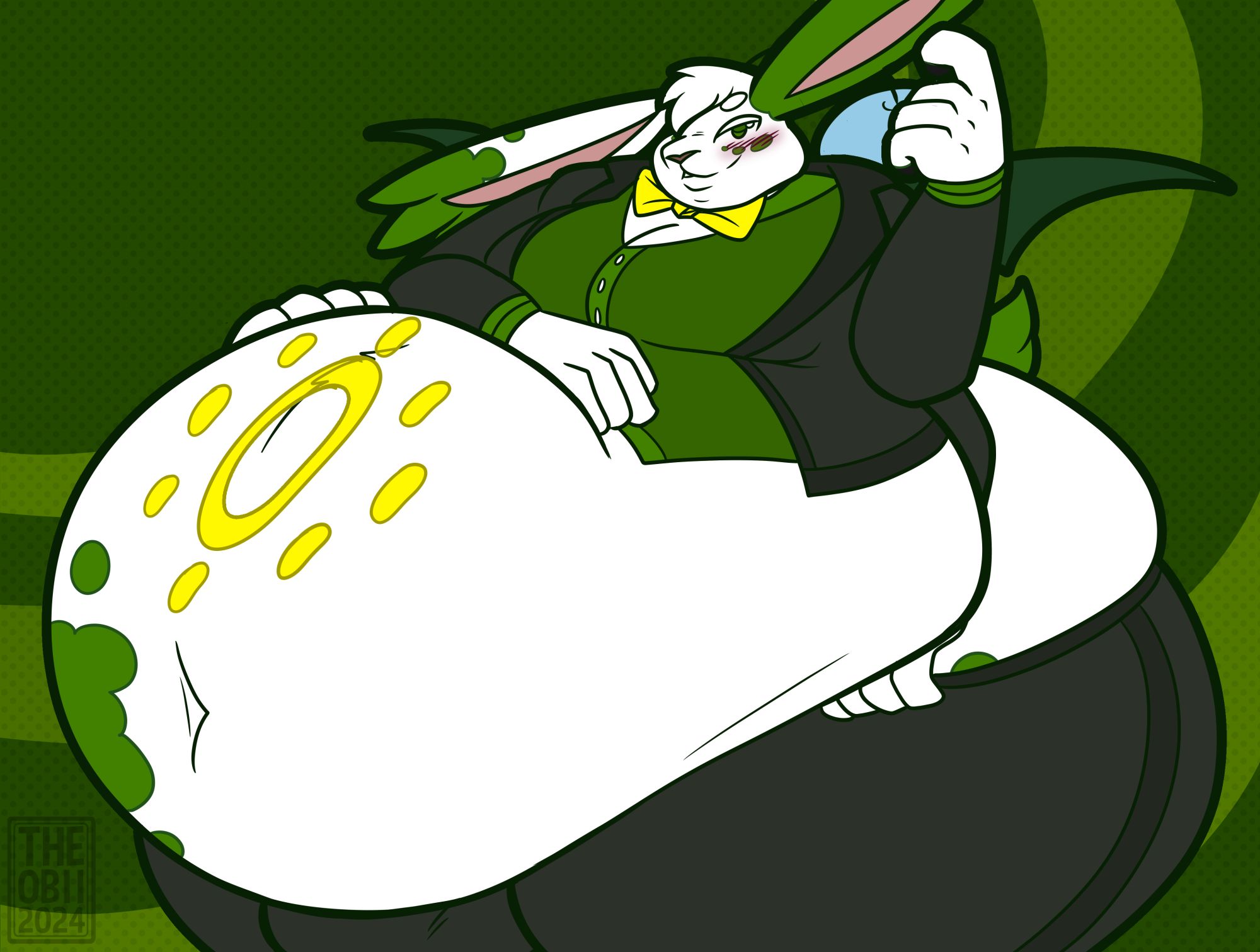 An image of Vahno, a white creature with green spots, as a huge fuckin bunny, dressed dapperly whilst also letting his huge gut on display, multiarms both holding a carrot, rubbing his belly, and resting on it too, another resting on his waistband, huge ass visible behind. There's an alt that's the same, but with minor changes to make him a Moogle instead.