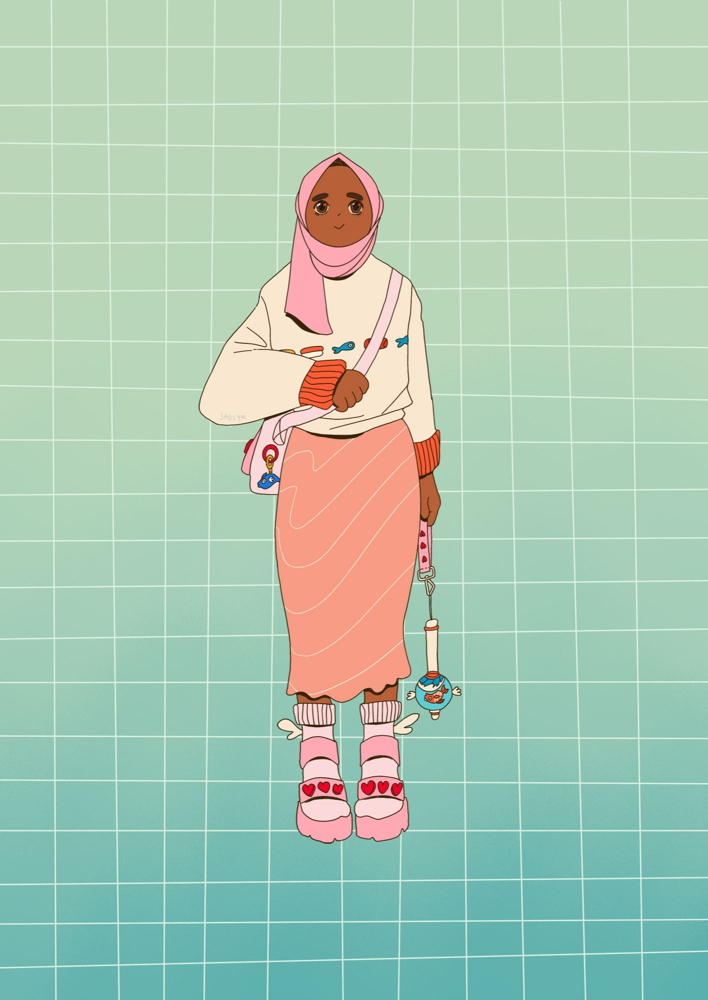 a hijabi wears a pink headscarf. she holds a light stick in her left hand, hanging from a pink lanyard. The light stick is white with a blue globe and inside the globe is a small orange fish. there are two small white wings on either side of the globe. she wears an off white jumper with a fish motif across the middle and orange accent sleeves. her skirt is ankle length and has a salmon pattern. she wears pink sandals (the lazy oaf x melissa ones). a bag hangs from her left shoulder across to her right hip. on it is a small fish key ring. she is smiling at the viewer.