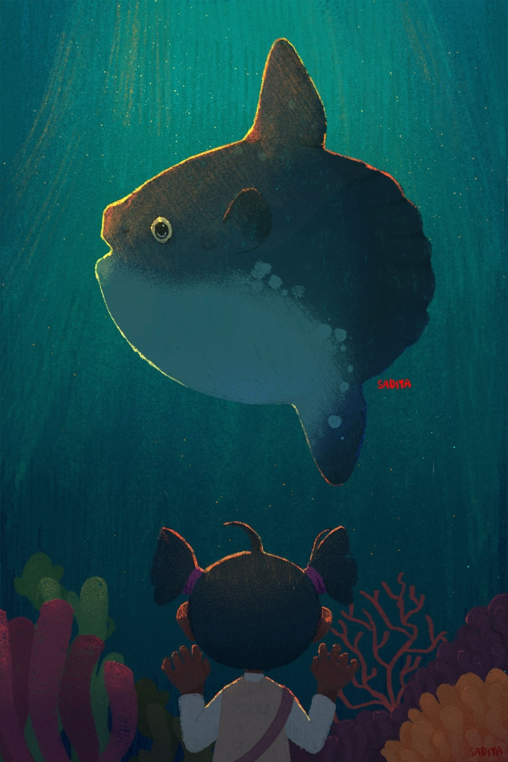 A young school girl stands, her hands pressed against the glass of an enormous water tank and coral deecorating the seabed.

Inside, is a giant sunfish staring back at the viewer!