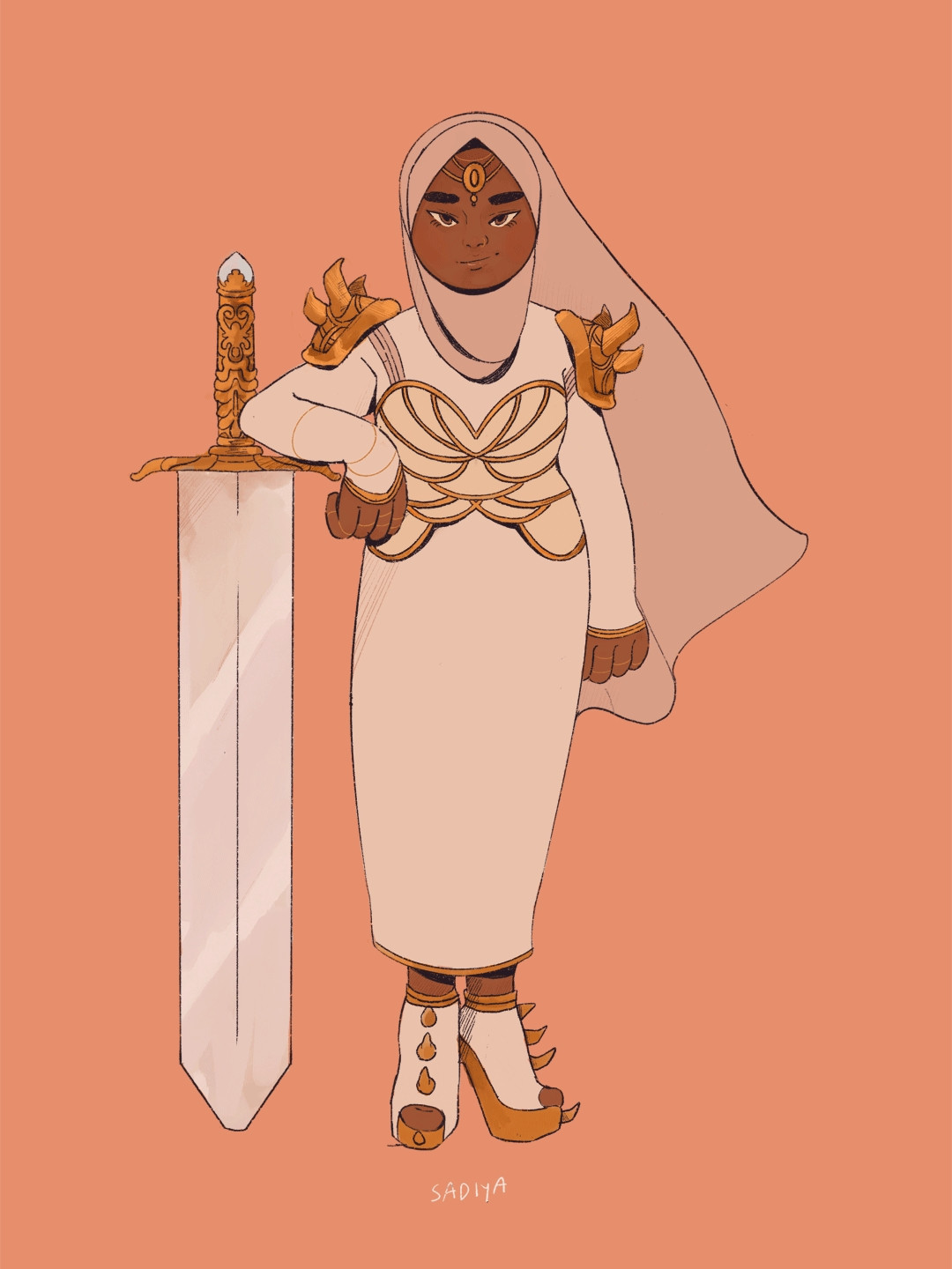 A girl wearing a beige coloured hijab stands with one arm resting on the hilt of her ornately decorated sword. She wears a cream coloured dress, with long sleeves and it stops just shy of her ankles. On top of the dress, she wears a cream-gold breast plate and gold pauldrons. Across her forehead is  a gold 'tikli' and she wears thin delicate gold rings on her fingers. She wears open-toe heels which are white with gold accents.