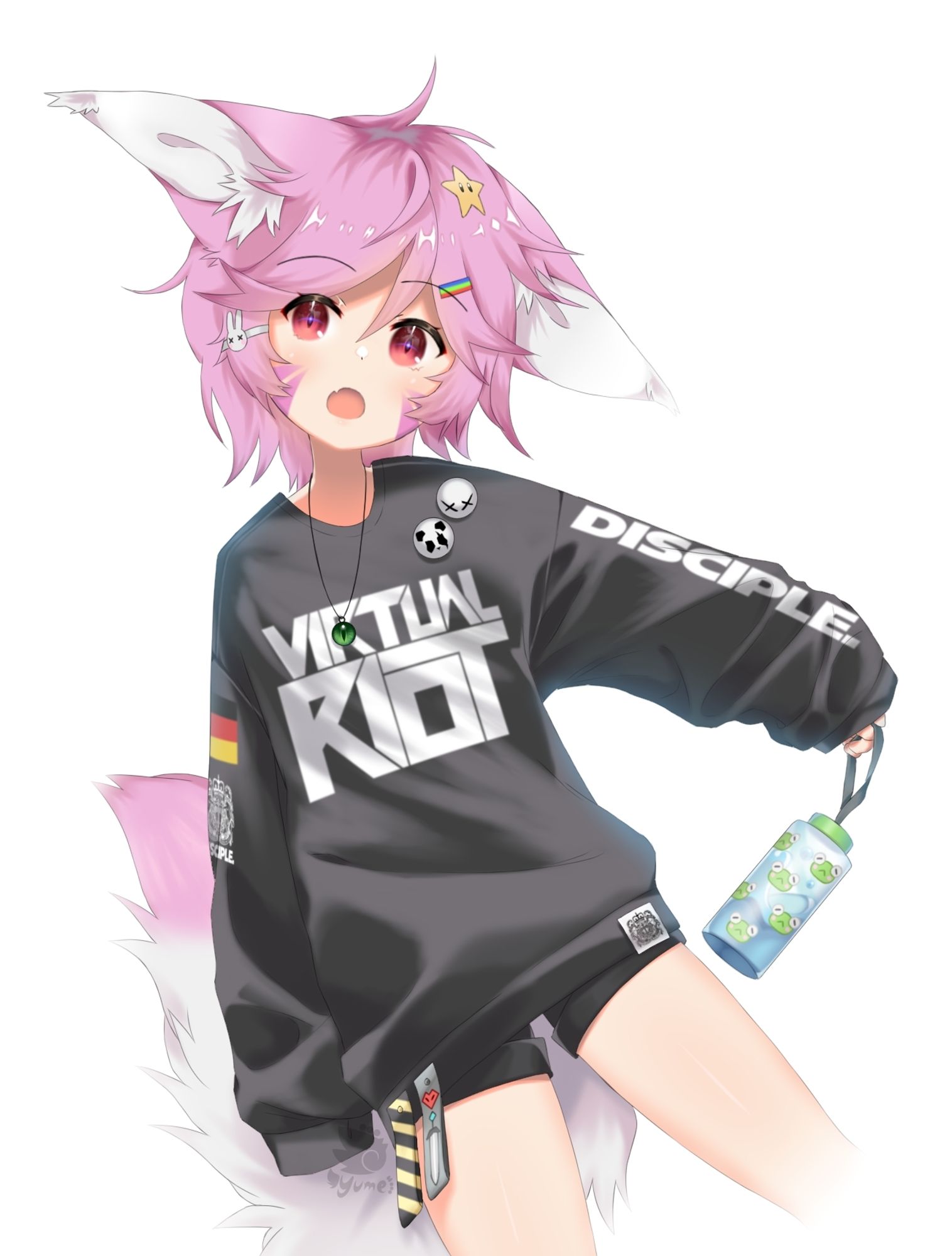 digital drawing of a pink kitsune kid with a surprised expression, holding a water bottle with frog stamps, a ender eye necklace and a black longsleeve with "virtual riot" stamped at the front, "disciple" stamped on their left sleeve and the german flag stamped on their right sleeve.