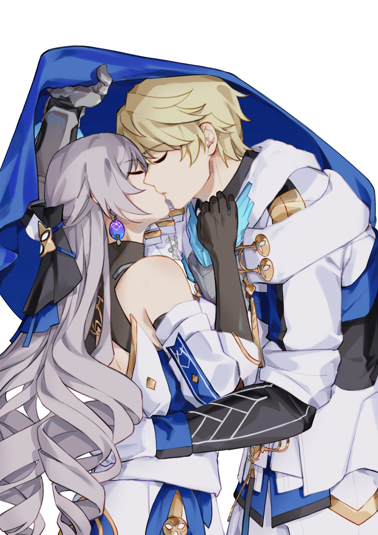 bronya and gepard kissing behind gepard's cloak; his left hand holding her waist and his right hand hold the cloak above to cover them from everyone's sight.