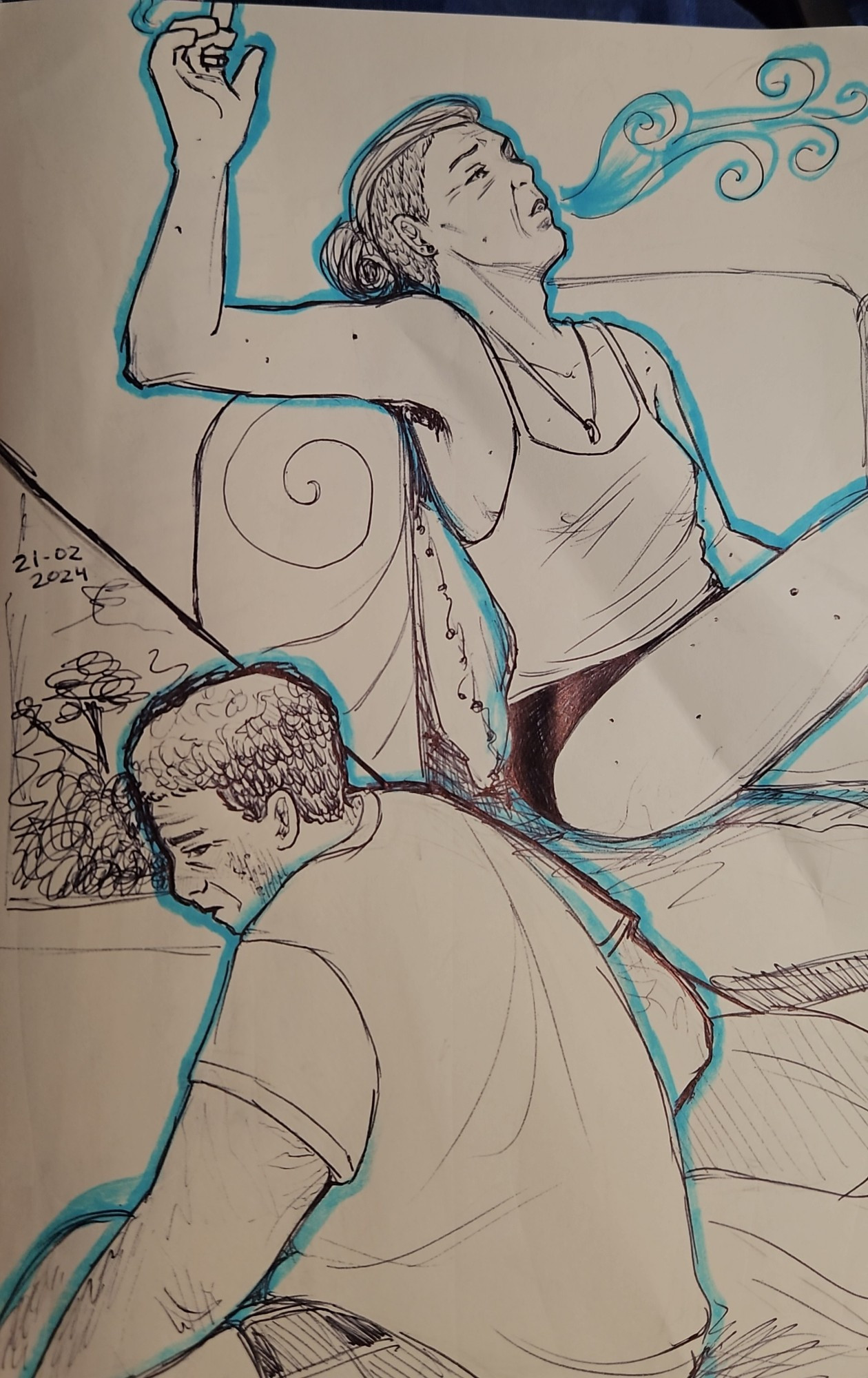 A pen sketch of two older women in different locations (almost like a comic strip, they're separated by a bar across the page). On top, Genevieve, a lanky woman in a tank top with a ring around her neck and the sides of her head shaved. She's blowing smoke out and looks wistful. Below, Dell, a butch with short curly graying hair is looking sad as she leans off the edge of a bed. She's wearing an oversized t-shirt and boxers and has rosy cheeks.