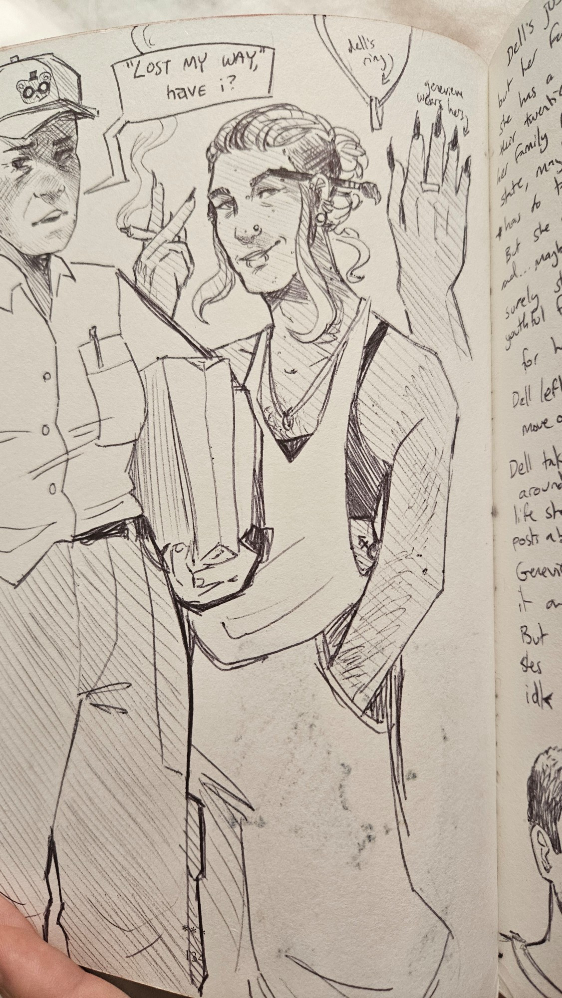 A traditional pen sketch of Genevieve (center). She's a tall, lanky older woman with a loose tank top and baggy pants. Her hair is shaved on the sides with two longer strands in front of her ears, and long on top where it's pulled back into a messy bun. She has a nose piercing, two snakebites on her lips, and multiple ear piercings. She has long nails and is smoking. A paintbrush is tucked behind her ear. She has a plain ring on her right hand and another on a string around her neck.