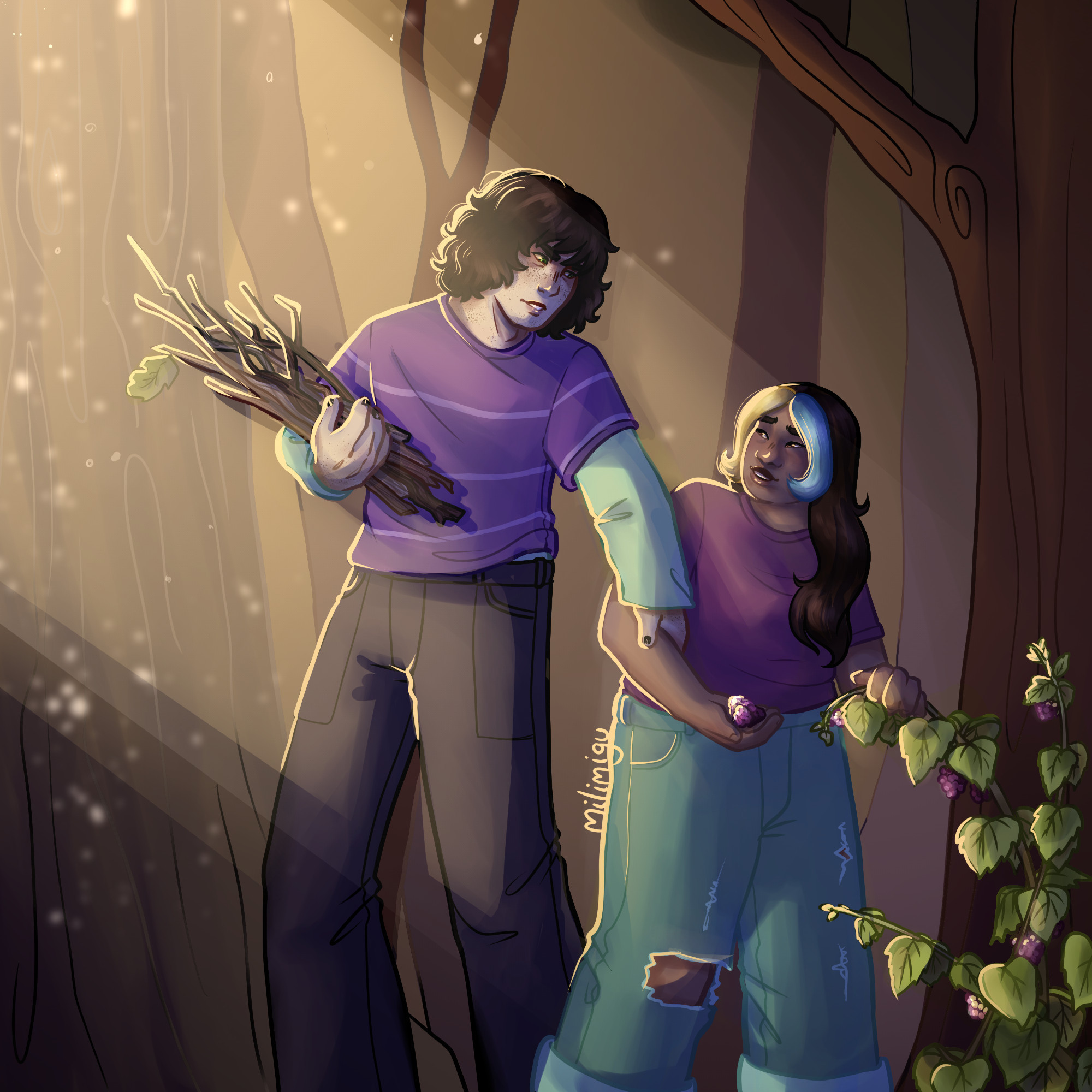 A tall teen boy holding a bundle of sticks grabs a younger teen by the arm, pulling her away from a raspberry bush she's picking berries off of. They're in a forest, illuminated side-long by glowing light.