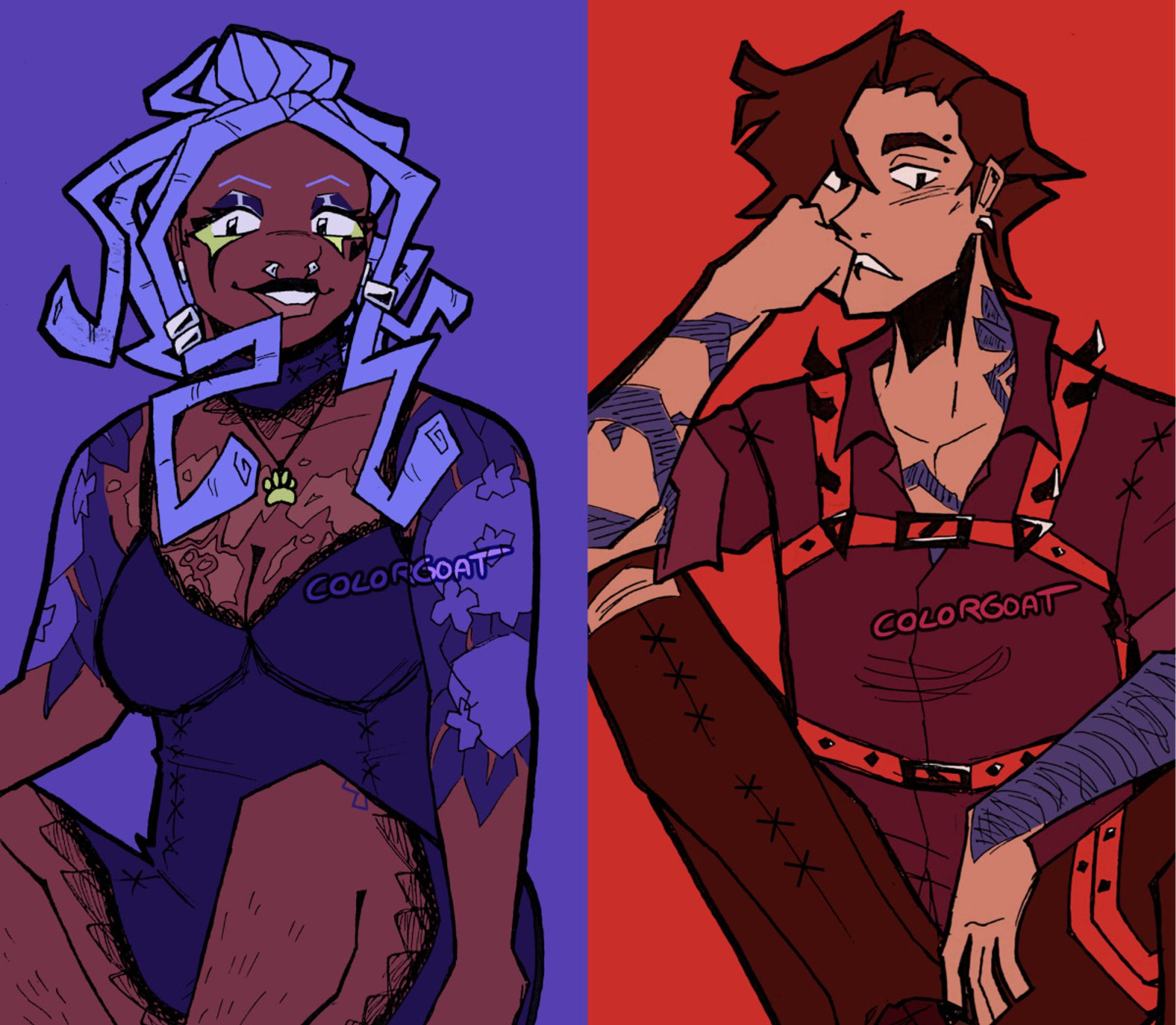 Drawings of Iris and Jade side by side. Iris, a small woman with hydrangea tattoos and chest scars, has curly blue locs half-tied into a bun. She's wearing eccentric black and yellow makeup, a short, lacy black dress with visible stitching, and a matching choker. Jade, a taller butch with rose tattoos and piercings, has short brown hair partially brushed back. They're wearing a button-up shirt, torn dress pants with visible stitching, and a spiked red harness. They're both sitting on the ground.