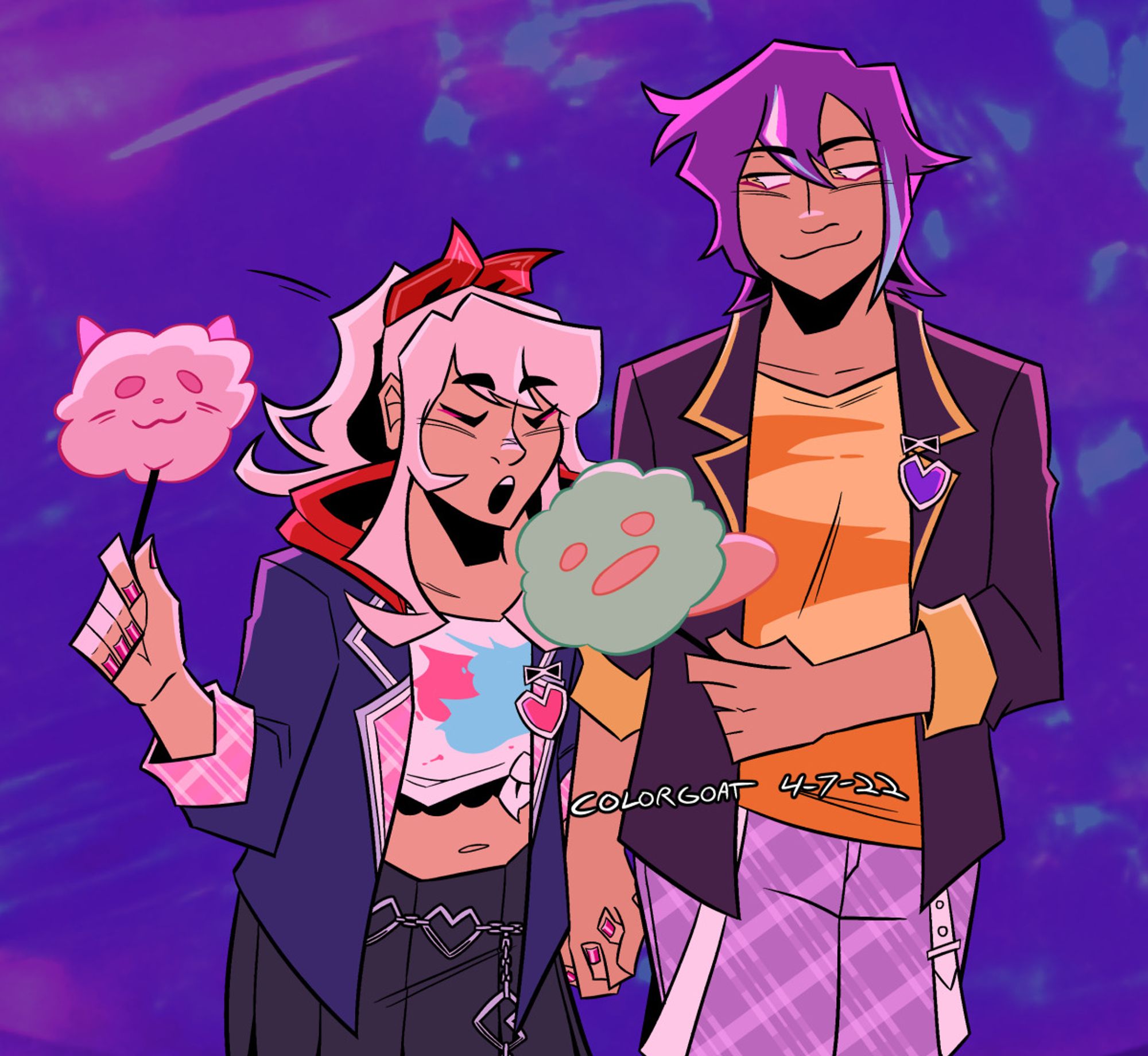 A digital illustration of Mizuki and Rui from Project Sekai holding hands. Mizuki is wearing their outfit from the Kamikou Festival event, and Rui has a matching one. They each have cotton candy, and Mizuki's leaning down to take a bite of Rui's. The background has a purple texture (vaguely bisexual now that I'm looking at it again), and a soft pink light bathes the two.