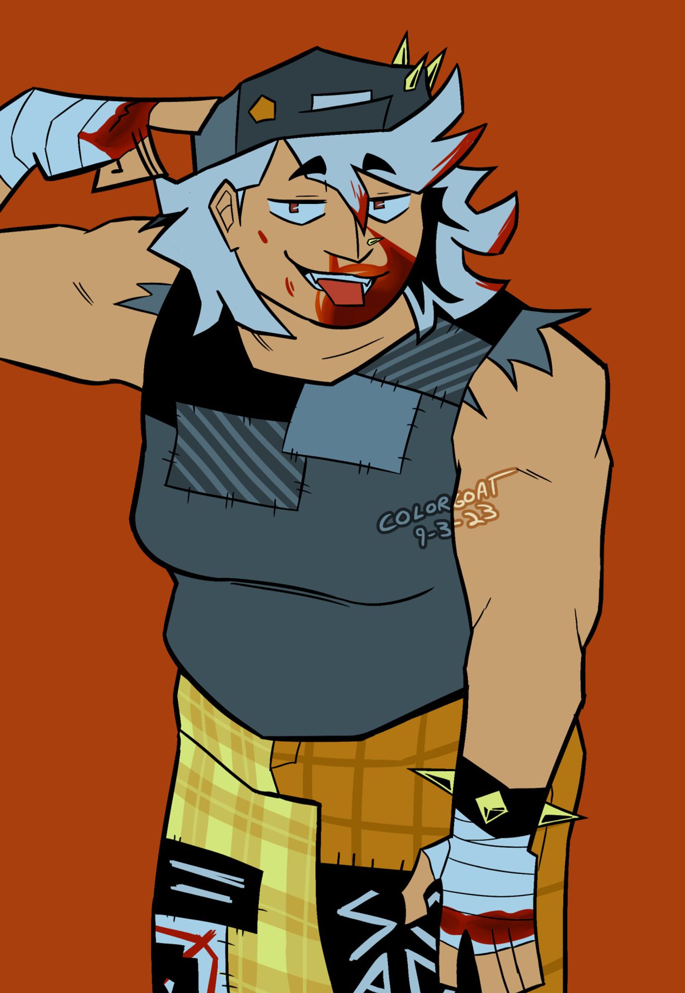 A digital drawing of Georgia, a fat, muscular woman with white, shoulder-length hair. She's wearing a gray, sleeveless shirt and orange and yellow plaid jeans, both with patches. She has a grey cap on, spiked cuffs, and bandages wrapped around her hands. Her knuckles, face, and hair are covered in blood. She's leaning toward the camera, pressing an index finger against her temple, and sticking her tongue out. The background is a rusty orange-red.