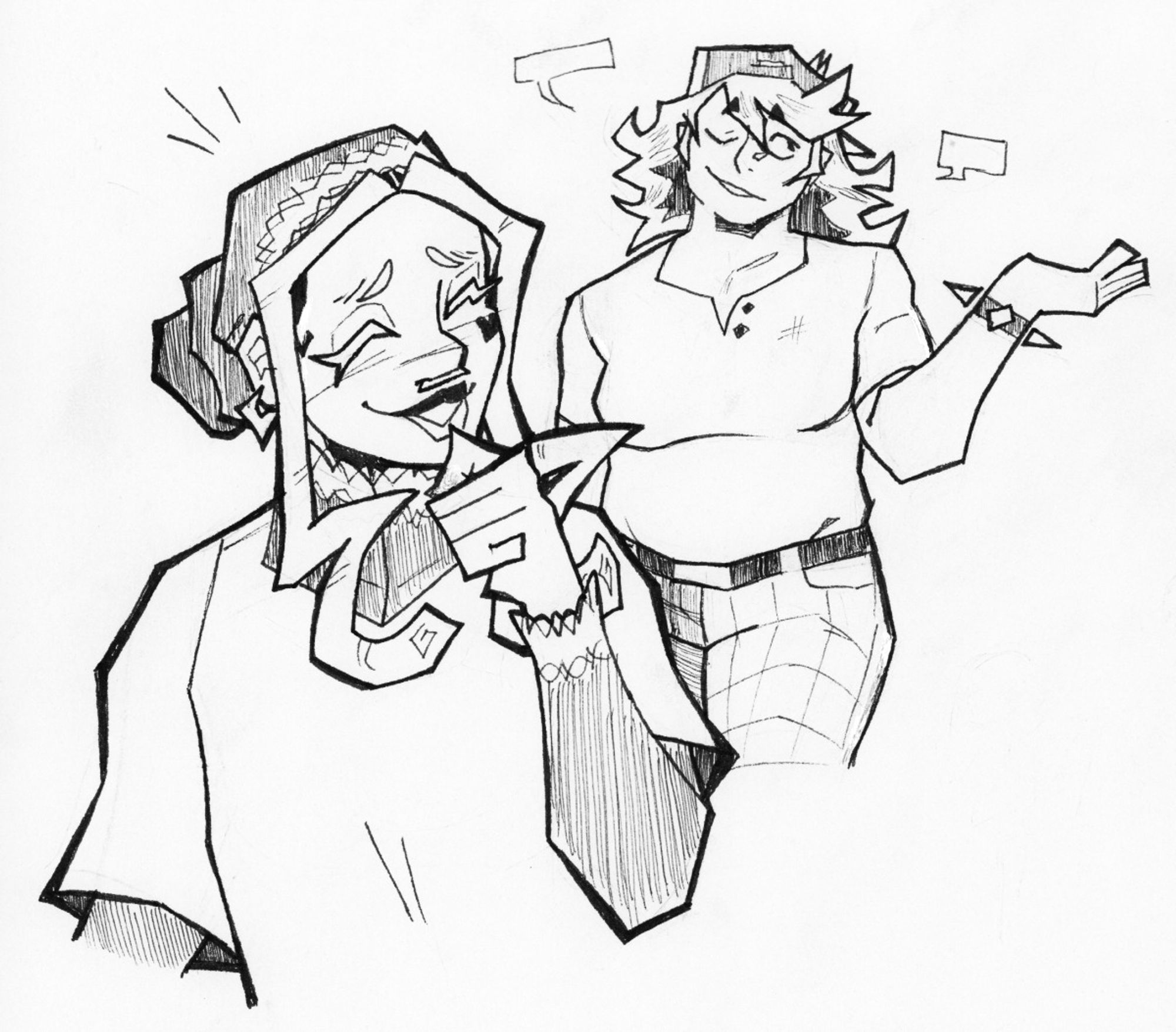 Ink drawing of Iris and Georgia, a taller punk woman with shoulder-length white hair. Iris is wearing an oversized tshirt, lacey black undershirt, and headscarf to match. Iris is giggling at something Georgia is saying.