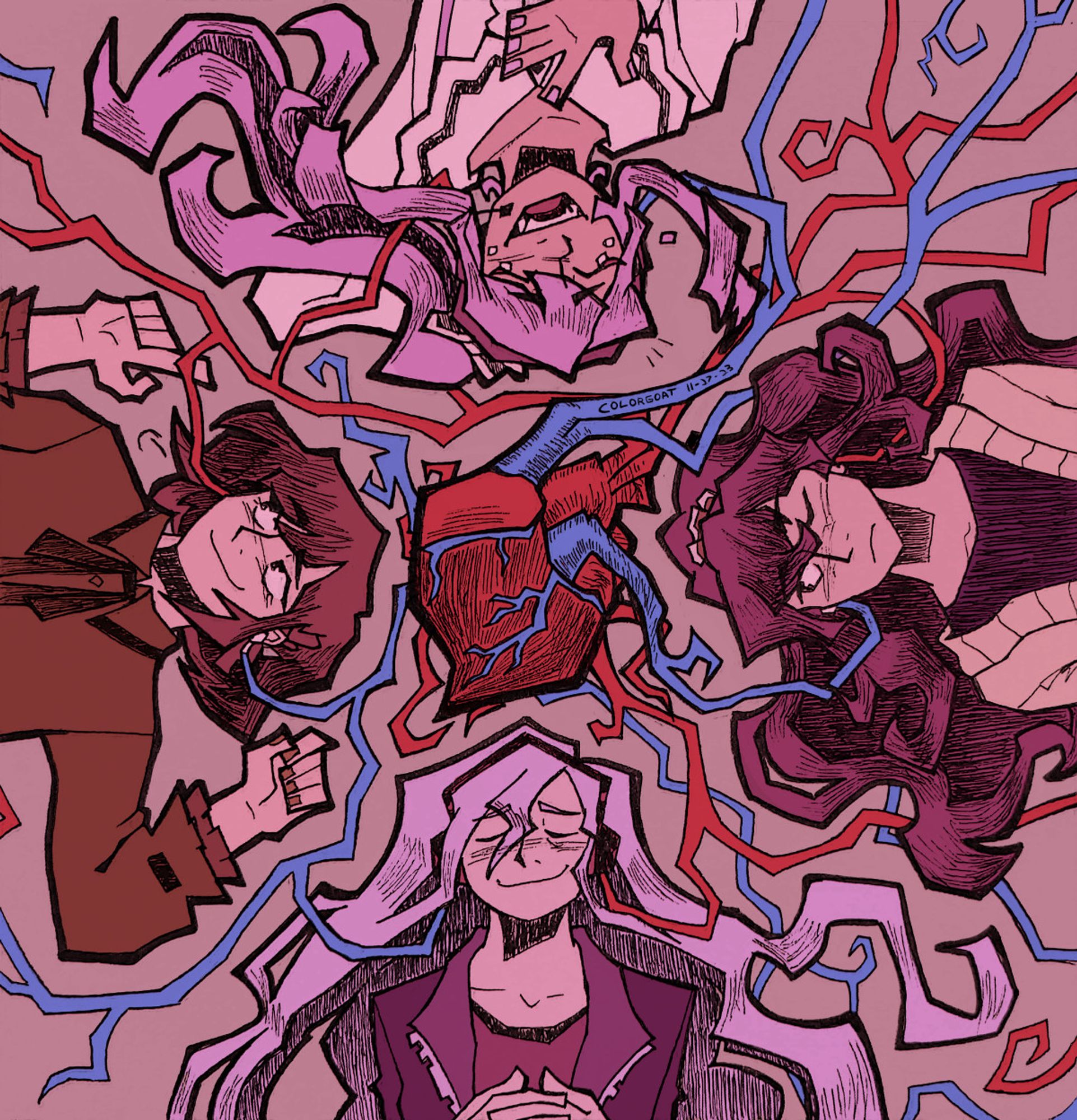 A surrealist illustration of all four members of Nightcord at 25:00. They're lying on the ground, each on one side of the drawing. A large human heart lies in the center with many veins stretching and curling around the kids. Some veins connect to the kids' headphones like wires. Kanade has her hands folded to her chest and has her eyes closed. Her eyebrows are furrowed with an overwhelmingly happy grin on her face. Ena has a finger curled around a vein and looks up at Mizuki with a grin and a playful eyebrow raised. Mizuki is resting their head on one hand and has the other hand to their chest as they have a loud, heartfelt laugh. Mafuyu is calm with an unreadable expression, and has one open to glance down at Kanade. The illustration has a dusty pink background and a warm, soft color palette. The heart and veins are bright red and blue.