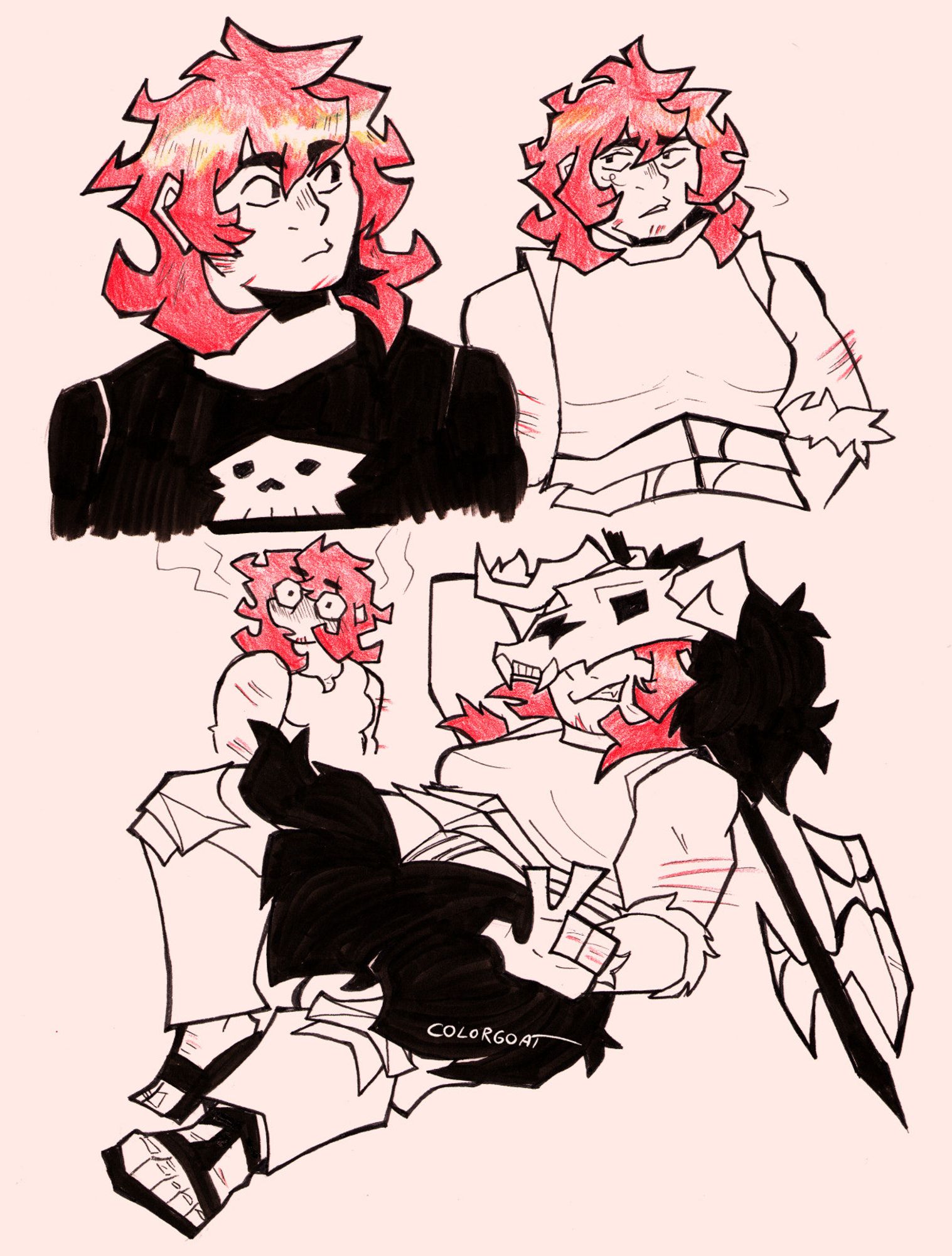 A page of ink drawings of Namari from Dungeon Meshi. Only red is colored in with colored pencil. The first drawing is a bust of her looking off to the side and is wearing a black shirt with a skull on it. The second drawing is her from the waist up, hand on her hip and rolling her eyes. The third drawing is a full body shot of her holding her axe behind her and making a peace sign with her free hand. She's wearing her skull helmet and smirking. The fourth drawing is a chibi of her blushing wildly at something/someone.