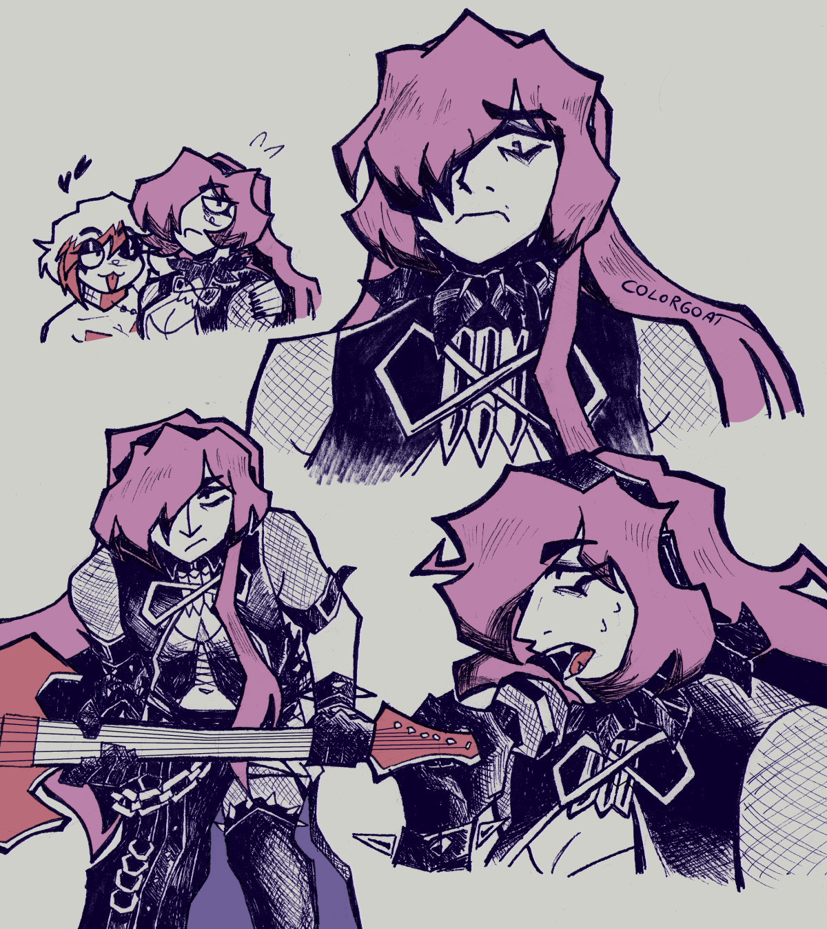 A sketchbook page of Megurine Luka drawings, specifically her Hagane fanloid design. They're minimally colored with dim pink, red, and dark indigo. The first is a headshot of her scowling at the viewer. The second is her leaning forward while gripping a guitar by the neck with both hands. The third is of her singing into a microphone with a focused expression. There is also a chibi doodle of her looking flustered as a Hagane Meiko winks and wraps her arm around her.