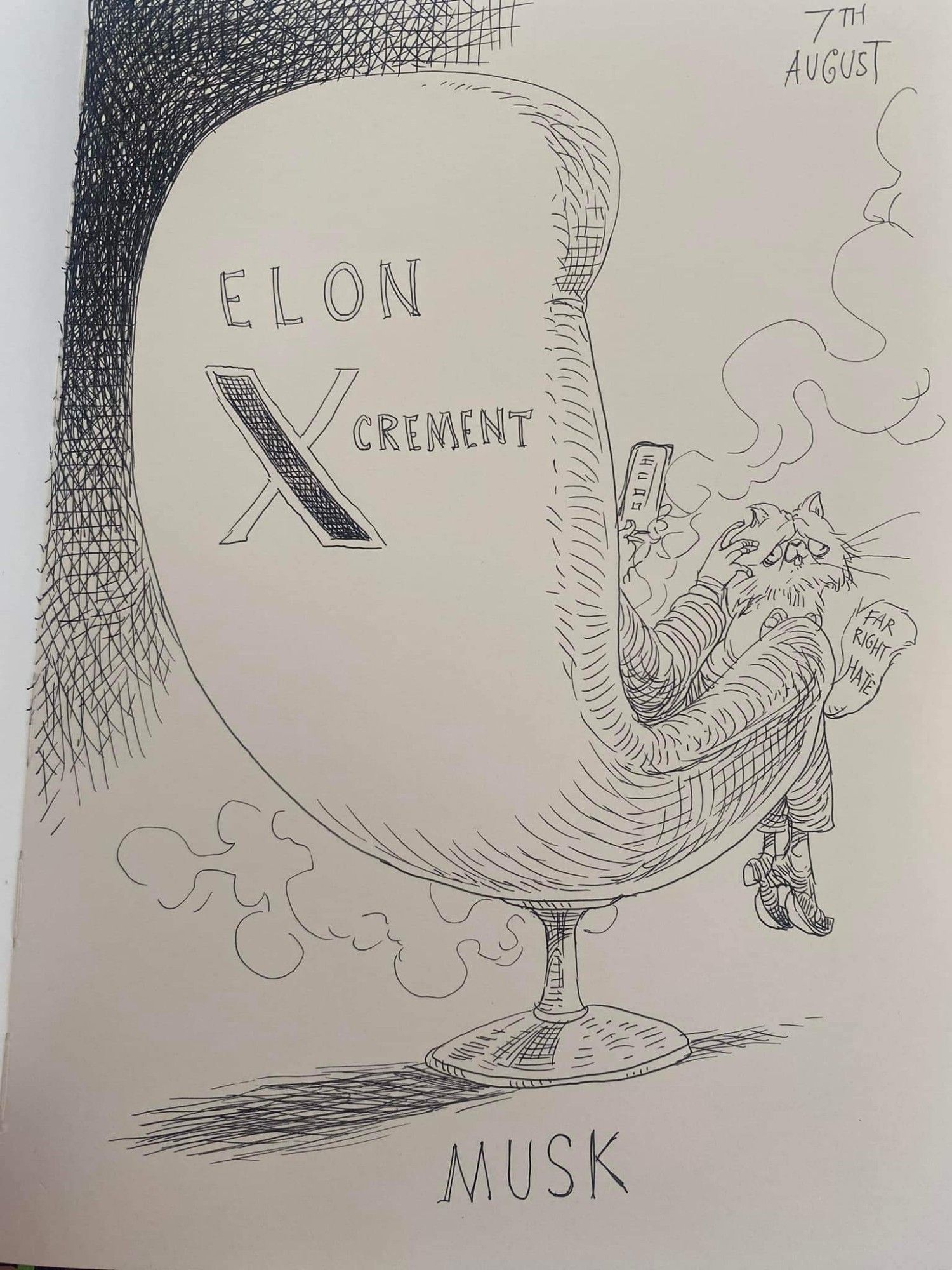 Satire sketch drawing by Chris Riddell referring to Elin Xcrement as Musk pushes hate and fear of his social media platform.