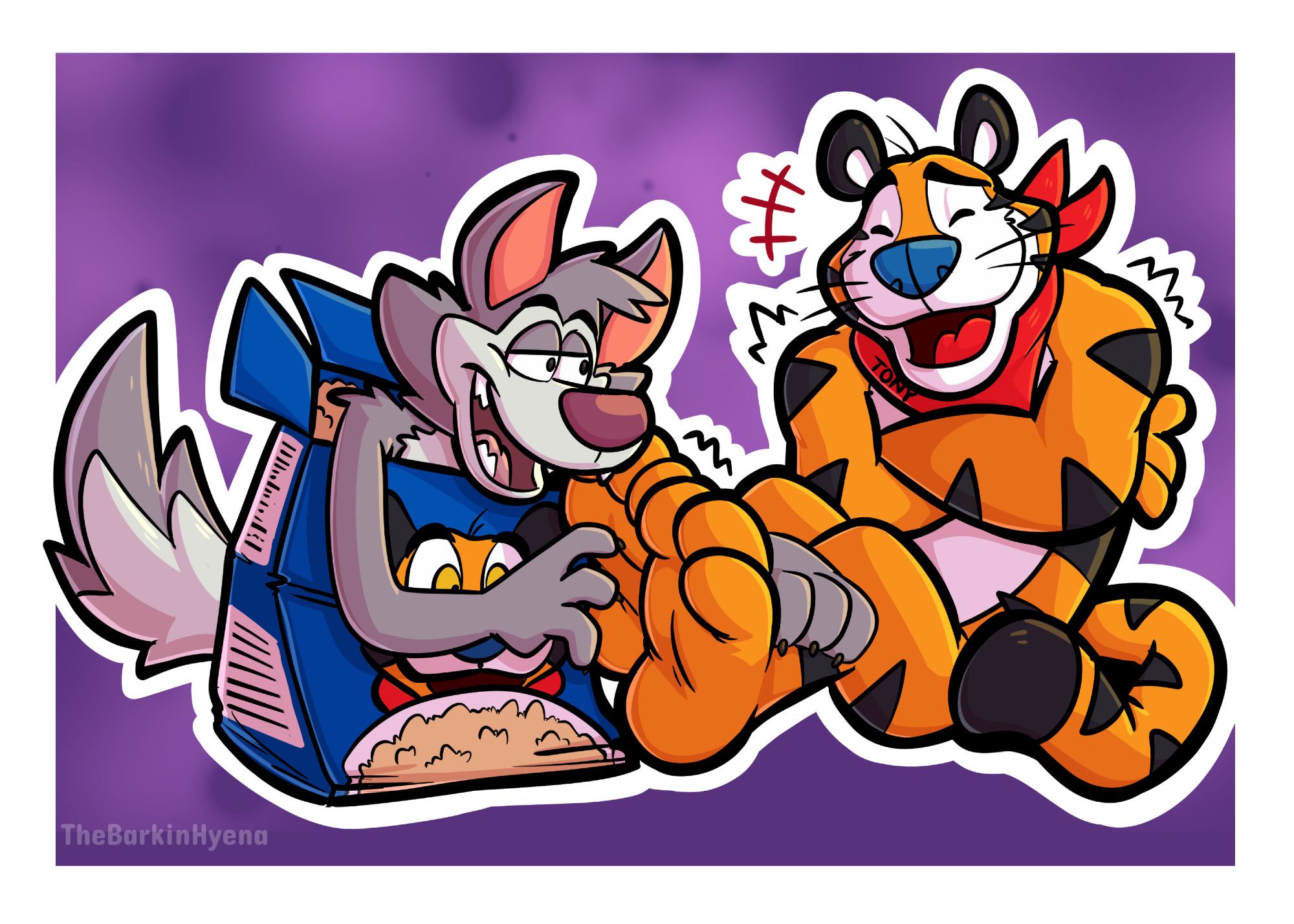 Chip the Wolf, disguised as a box of Frosted Flakes, holds Tony the Tiger's feet and playfully tickles him.