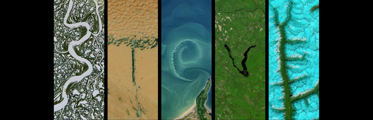 Five Landsat satellite images with features that (if you squint a little) spell out "Steve". The S is a winding river; the T is a line of greenery in desert intersecting the edge of a dunefield; the first E is a spiral sandbar just off a beach; the V is a lake in a spruce forest; and the final E is (I think) a set of treed ridgelines against an untreed lower elevation background.