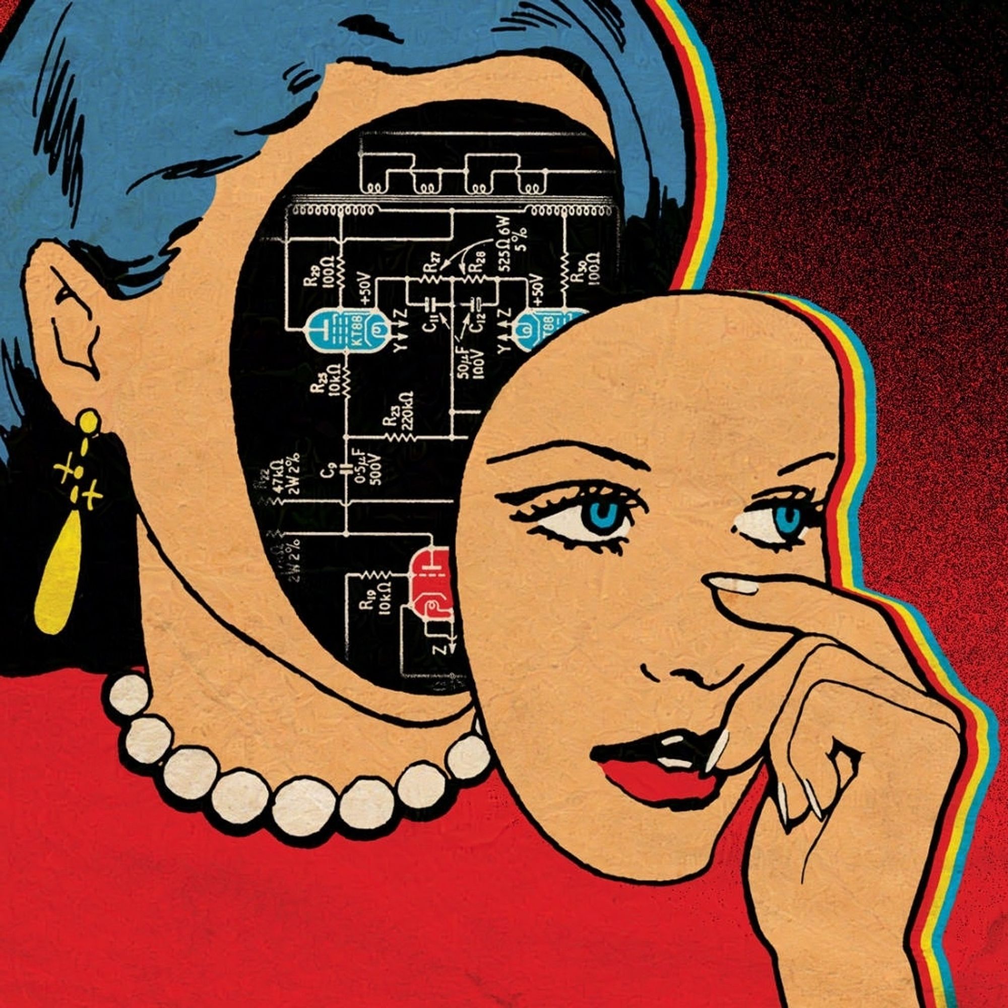 A person removes a mask from their face revealing a circuit board underneath, depicted in a pop art style with vibrant colours and bold outlines.