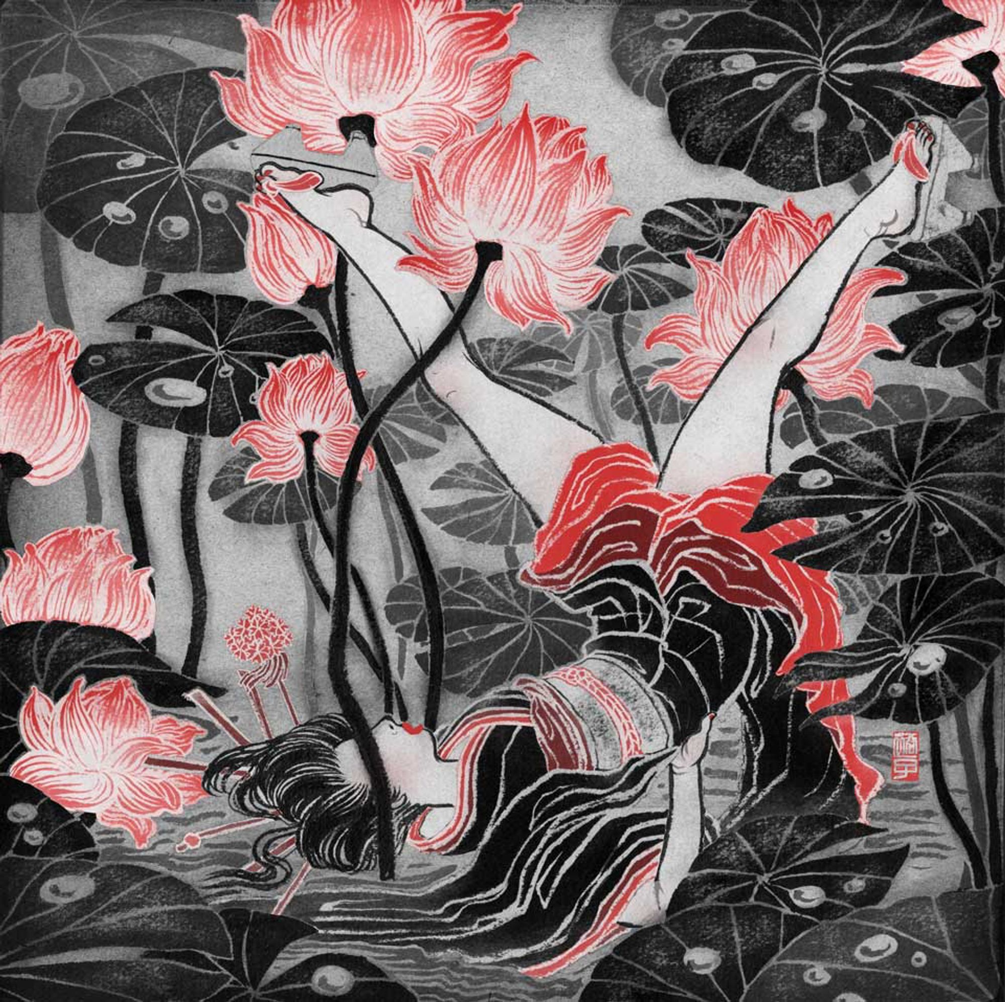 A stylized, monochromatic illustration of a person submerged underwater among large lotus flowers, with only their legs and head visible above the water's surface. The flowers are highlighted in red.