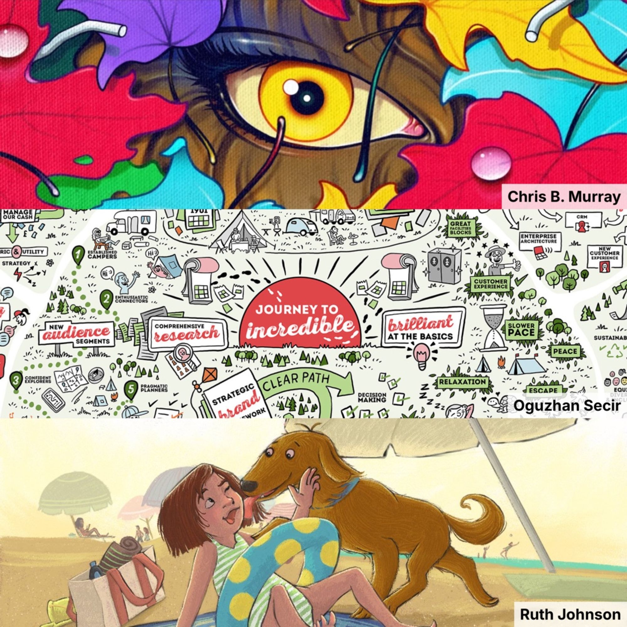 A collage of three artworks featuring a colorful abstract eye by Chris B. Murray, a detailed journey map illustration by Oguzhan Secir, and a woman with a dog on the beach by Ruth Johnson.