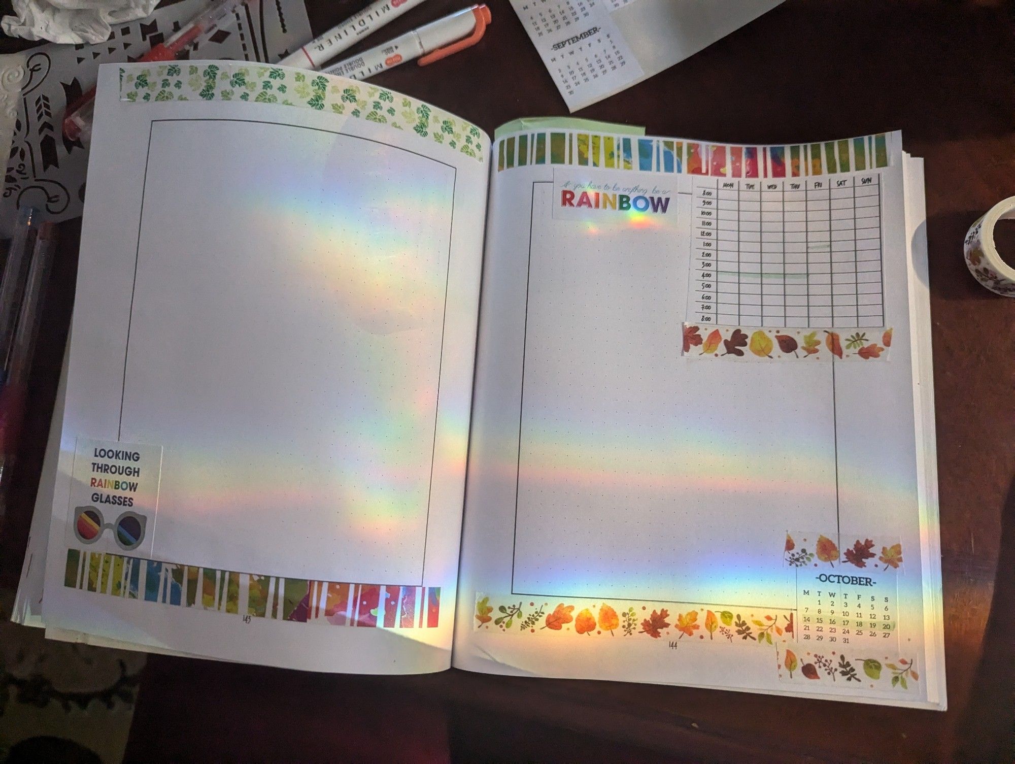 A rainbow layout with an October 2024 calendar and a small weeklong hourly layout to track the time on the week.