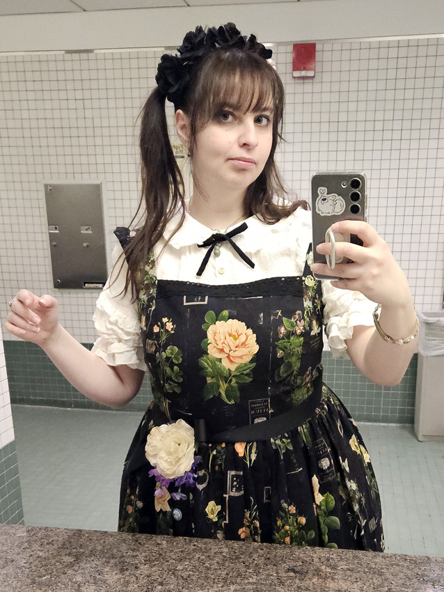 selfie of me, showing off flowers-print dress, and waist-ribbon giant flower