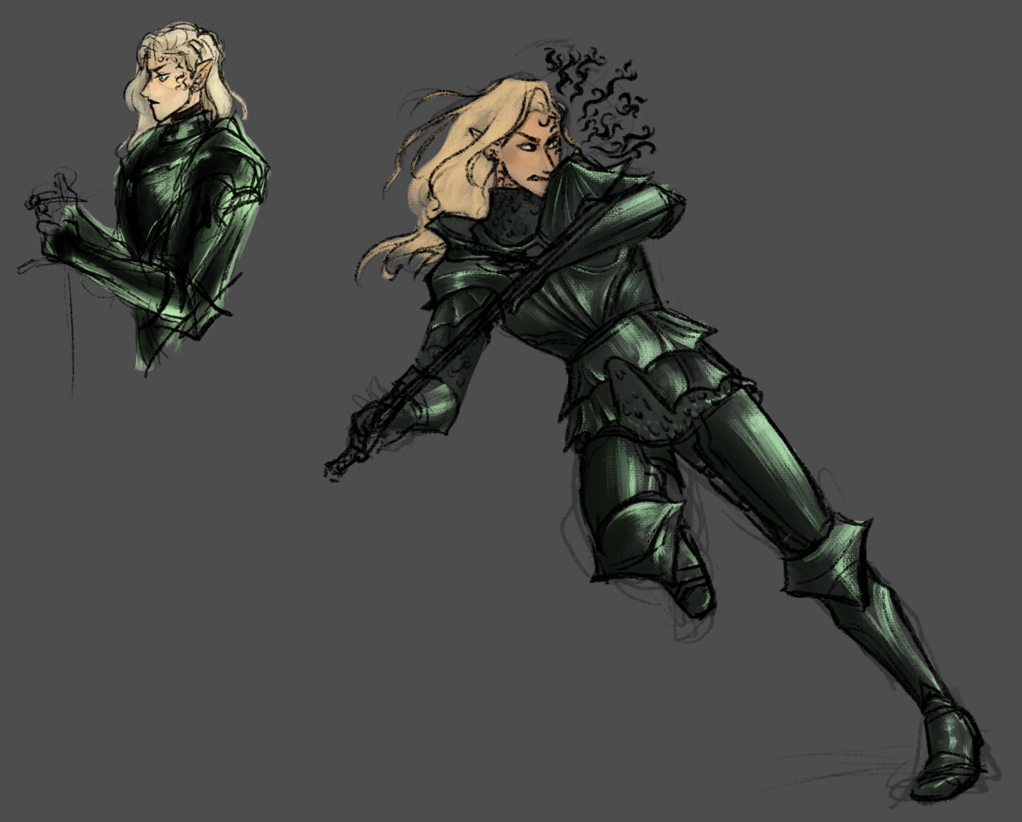 Xander the eldritch knight mid pivot. He has long blonde hair and one pale green eye with no pupil. He’s wearing black armor with a green sheen