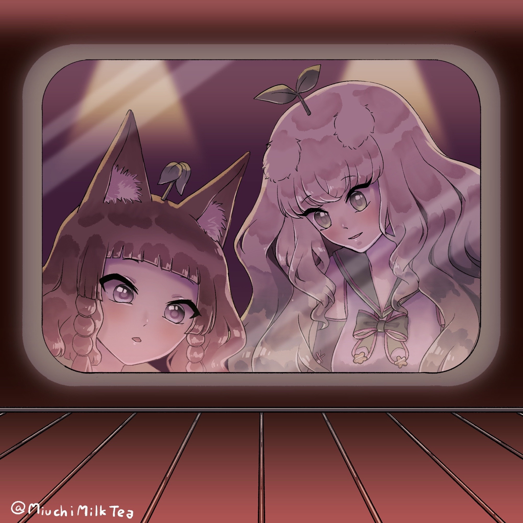 Two girls peeking through an oven door