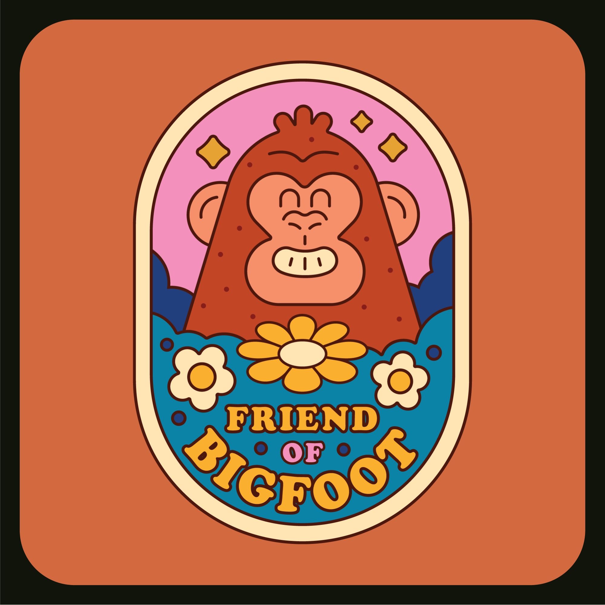 Sticker of bigfoot poking his head out of a field of flowers. Text reads Friend of Bigfoot