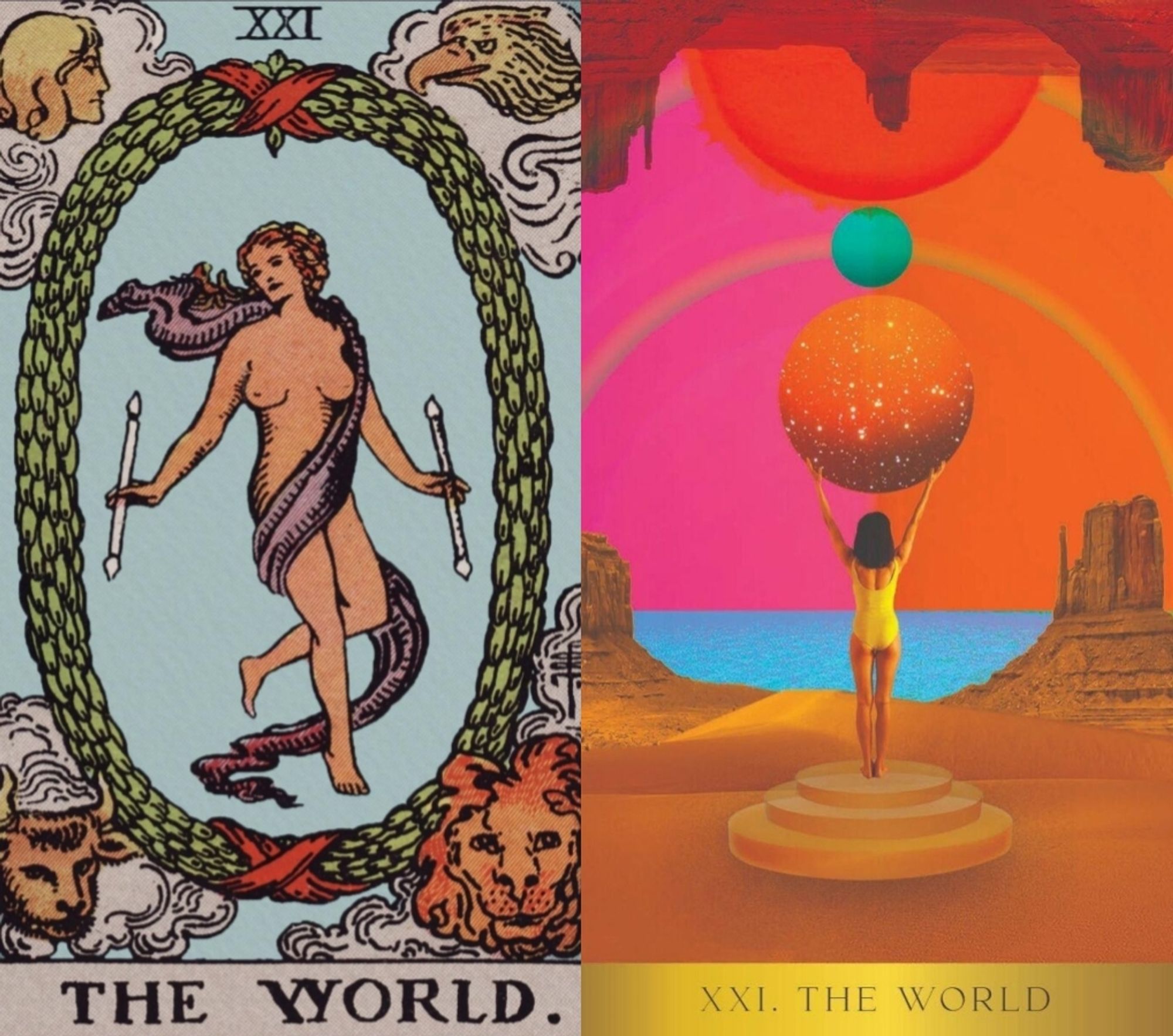 Two tarot cards. The left card is the Rider Waite Smith The World card showing a dancing woman surrounded by heads of animals. The right card is the Radiant Wilds The World card showing a woman in a surreal desert carrying a glittering orange orb.