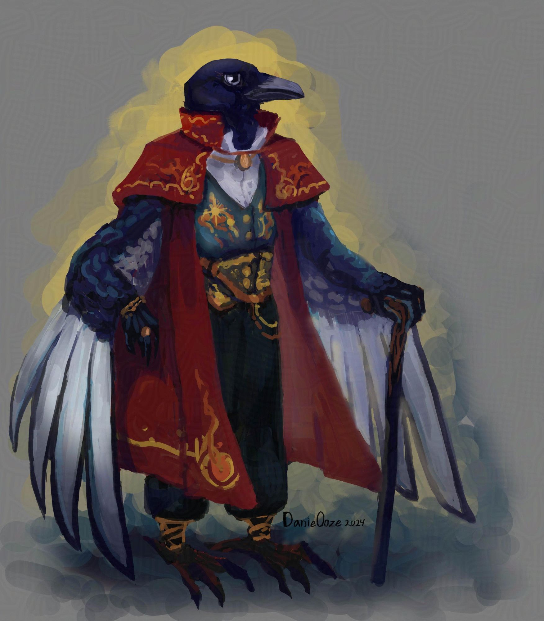 Painting of a furry (?) magpie wearing a red coat with a golden embroidery, a white shirt, a teal and black corset with golden embroidery as well, and black trousers. The magpie stands with a cane. The background is golden and teal, fading to grey to the edges of the painting.