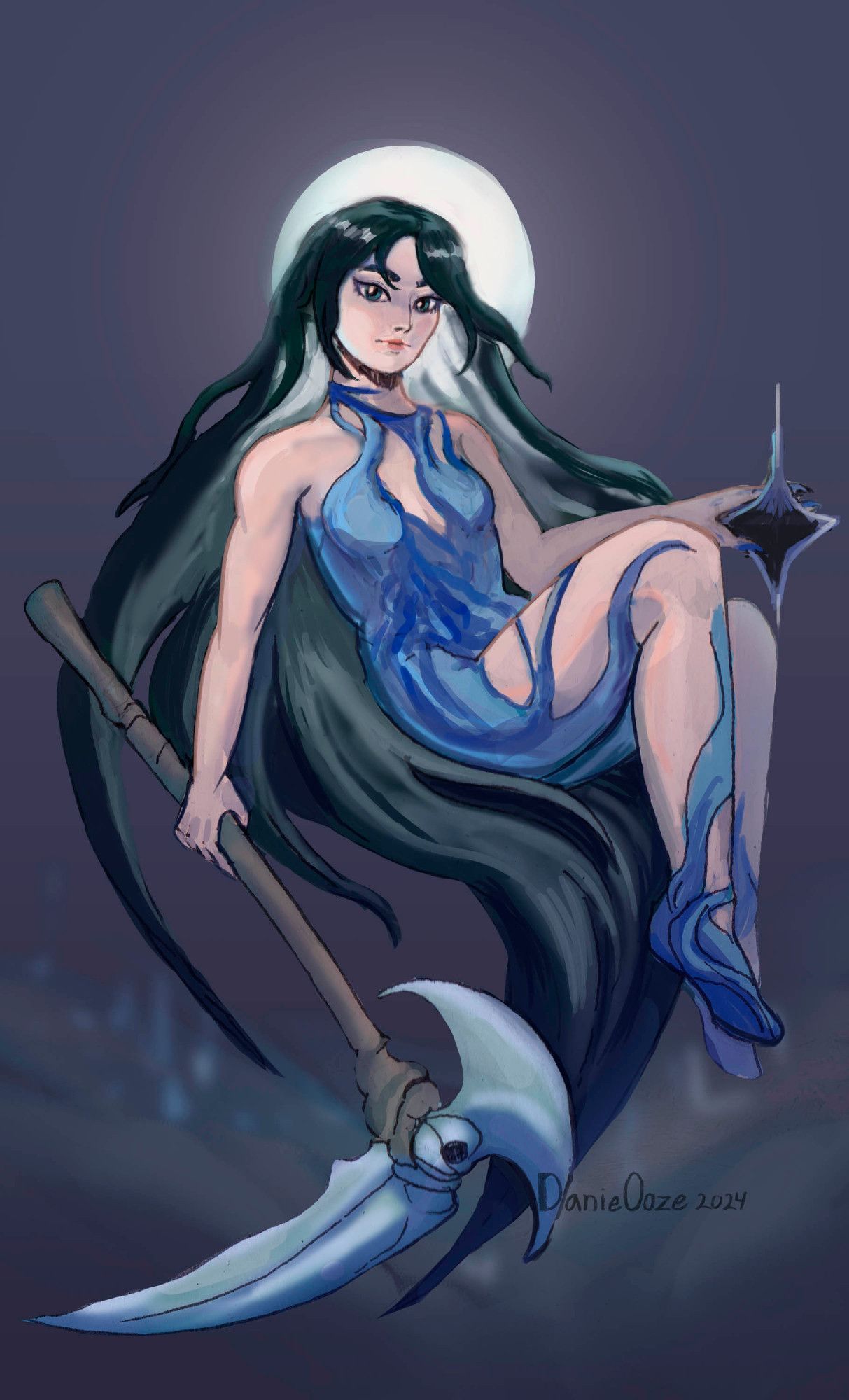 Painting of a woman with long dark hair. She is floating and holding a scythe. She is wearing clothing that resembles flowing water. There is moon behind woman's head.