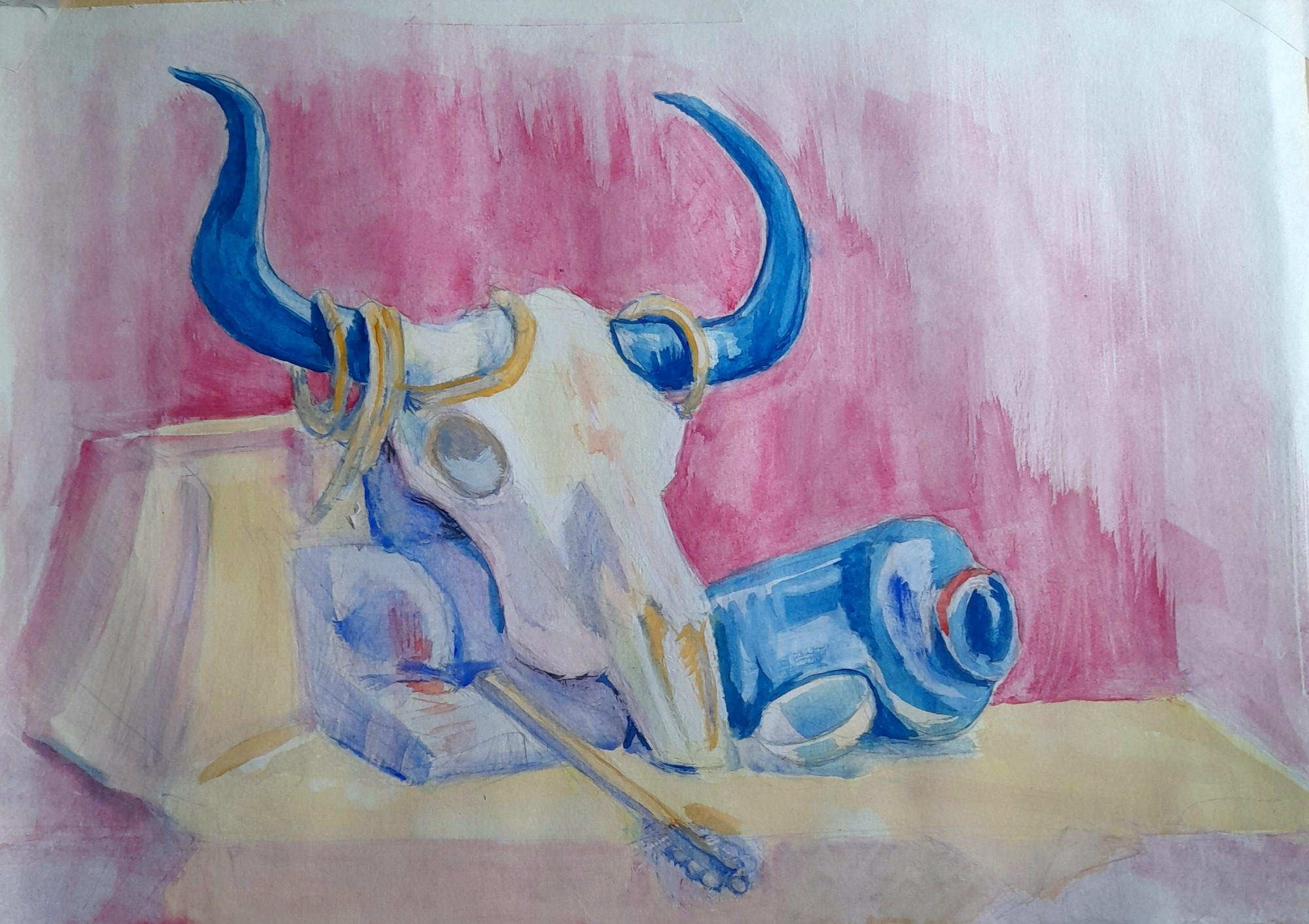 Still life in gouache with ram skull