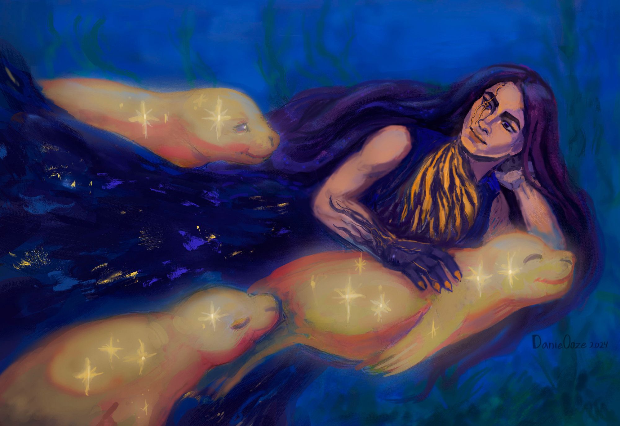 Painting of a woman swimming in the sea with starry glowing seals.  Woman wears a dress, it's skirt looks like a starry sky and it's top has a swirling pattern.