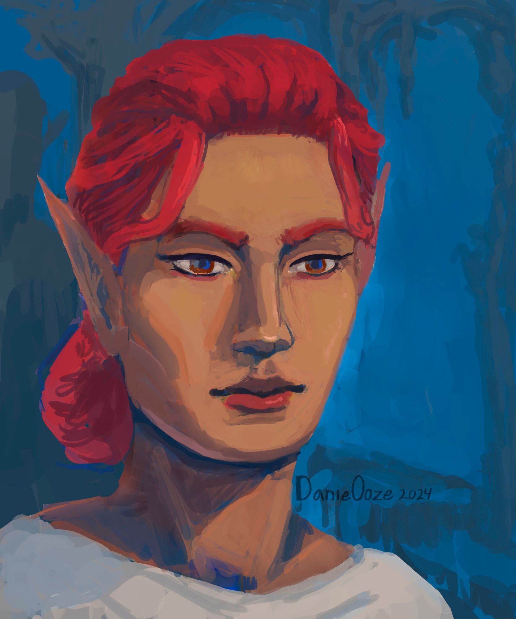 A painted portrait of an elven woman with dark pink hair and brown eyes. The background is blue, there are greyish ruins.