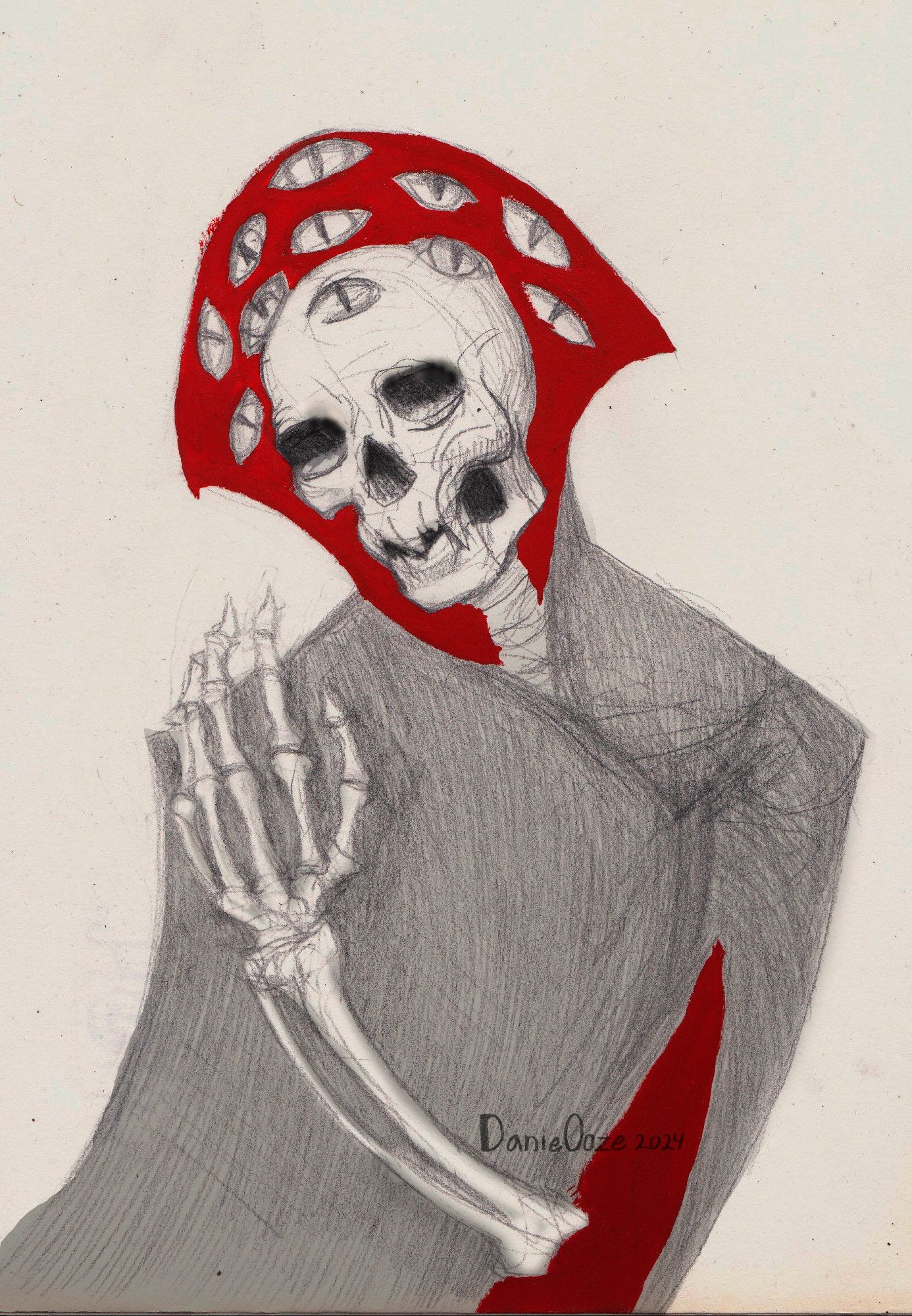 Drawing of a skeleton wearing a cape with really high red collar. There are a bunch of eyes around the skull. The skull has weird pointy teeth.