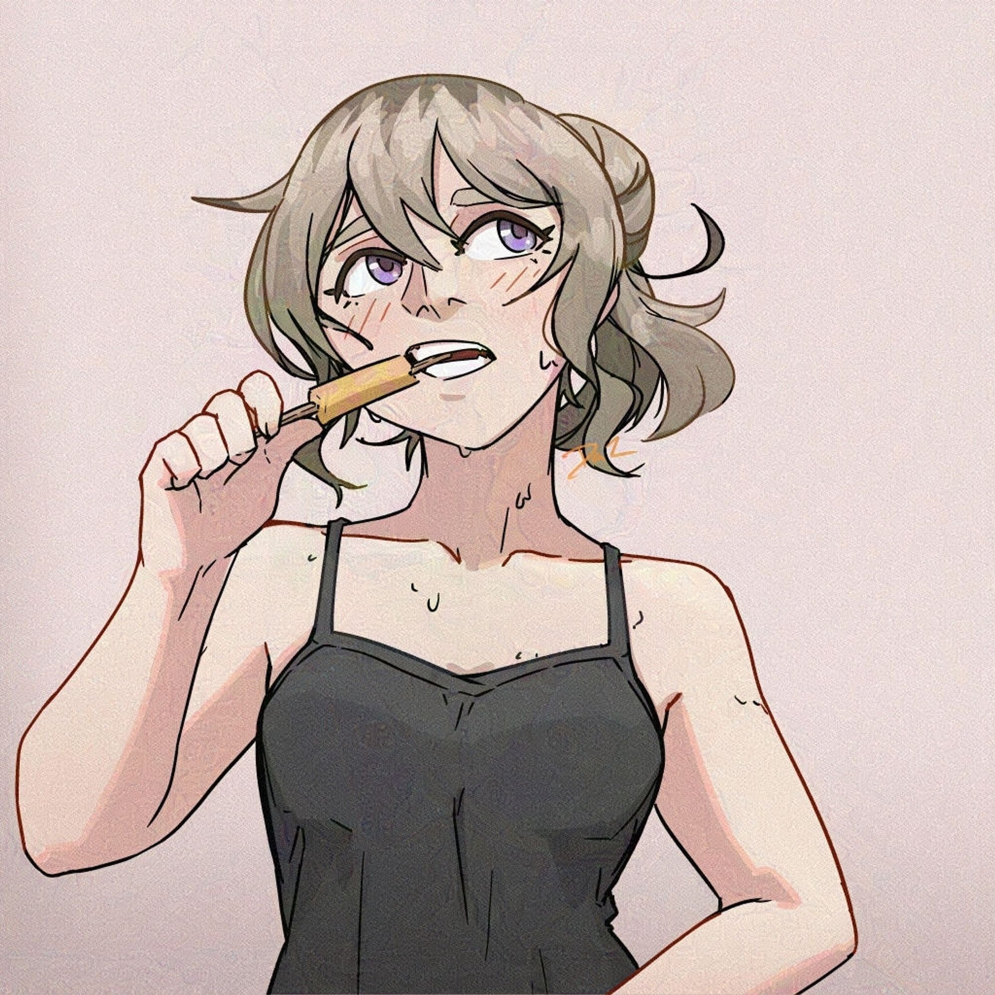 Momoka from Girls Band Cry eating a popsicle to cool down.