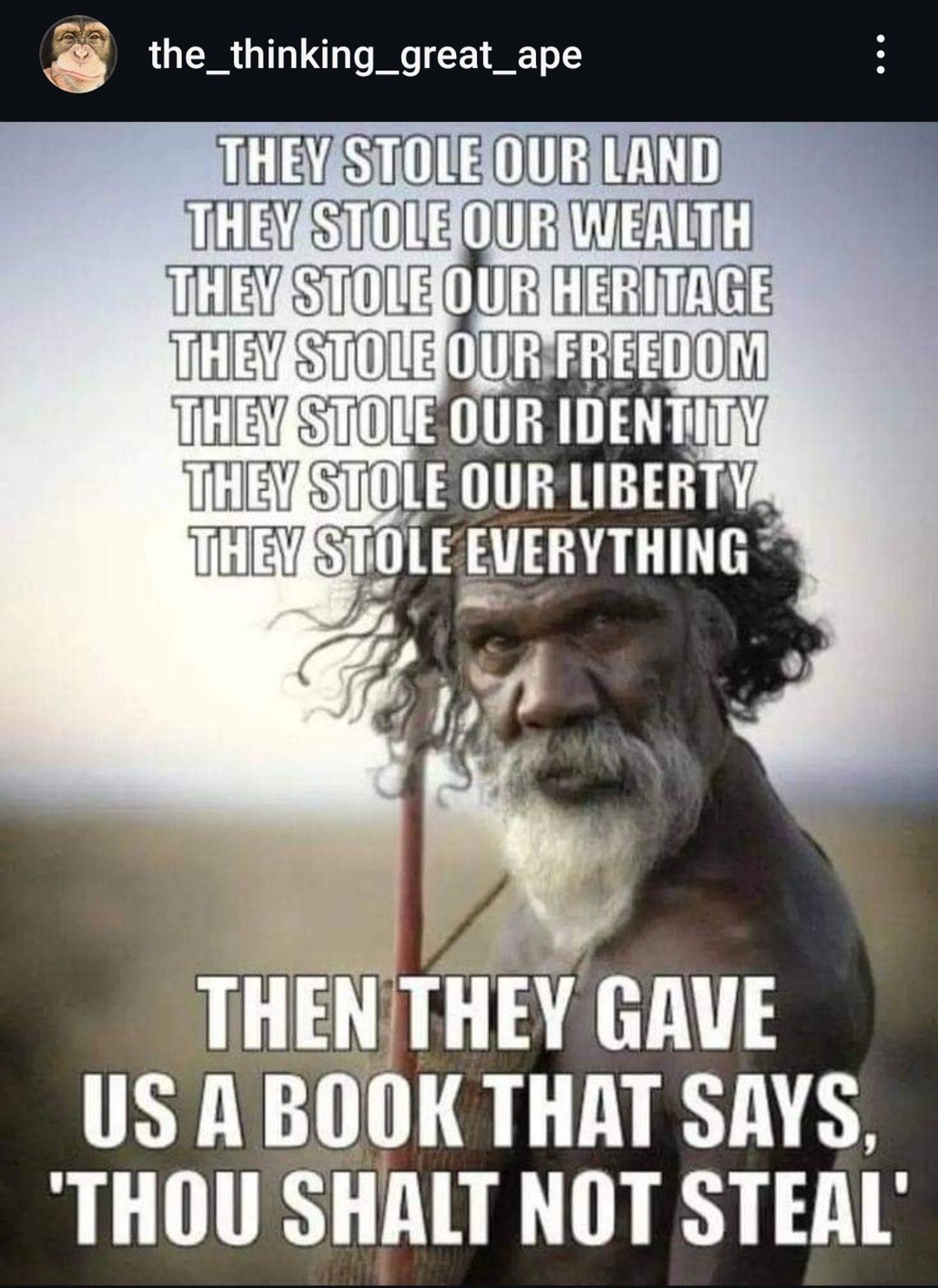 the_thinking_great_ape
THEY STOLE OUR LAND
THEY STOLE OUR WEALTH
THEY STOLE OUR HERITAGE
THEY STOLE OUR FREEDOM
THEY STOLE OUR IDENTITY
THEY STOLE OUR LIBERTY
THEY STOLE EVERYTHING
THEN THEY GAVE
US A BOOK THAT SAYS,
'THOU SHALT NOT STEAL'