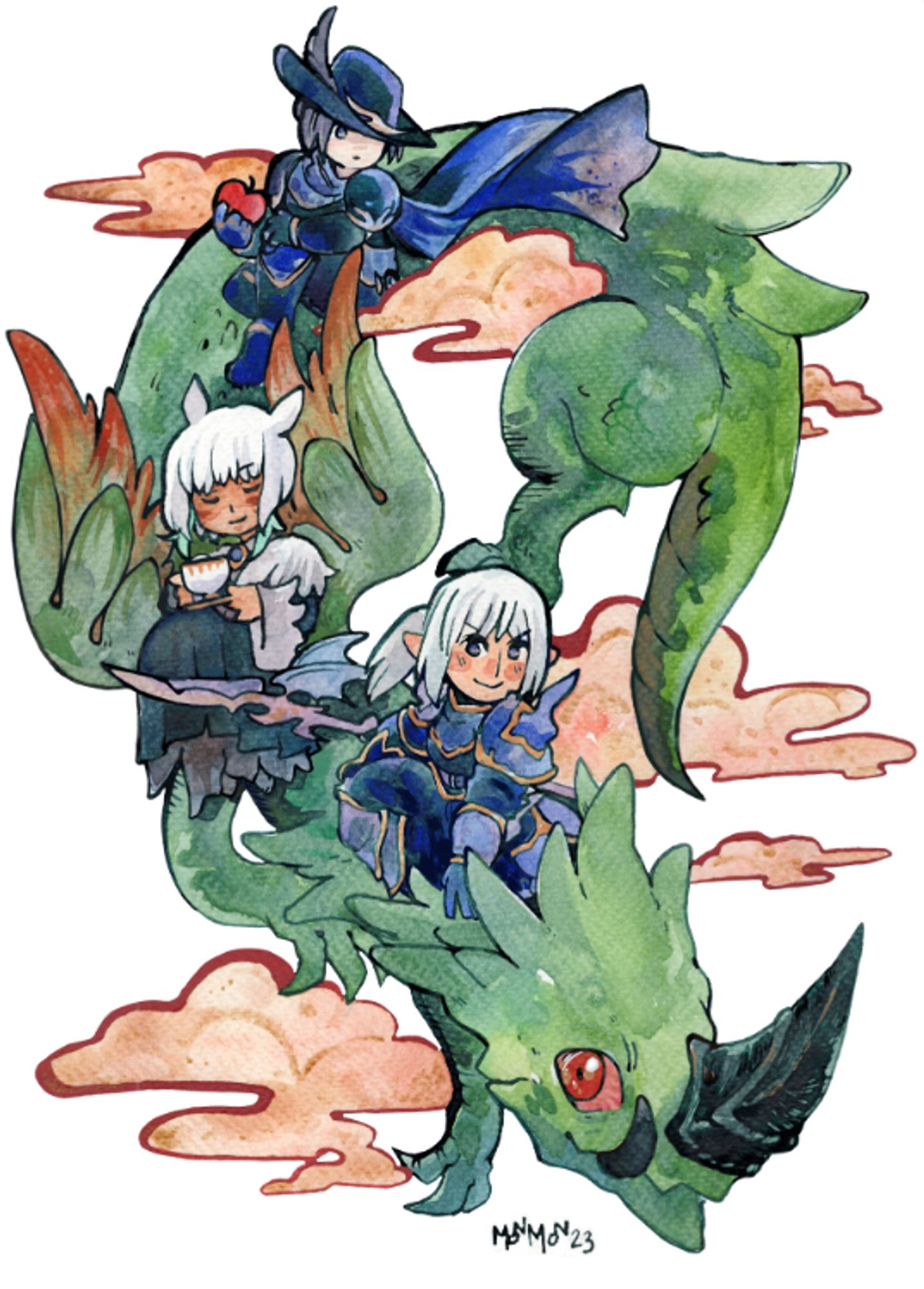 Zero, Y’shtola and Estinian riding on Vrtra’s back. Ffxiv fanart