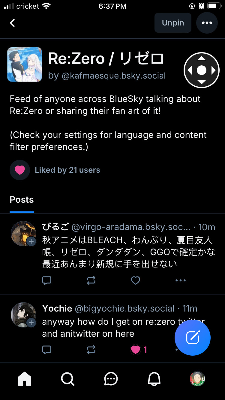 Screenshot of feed list ok Bluesky for re:zero